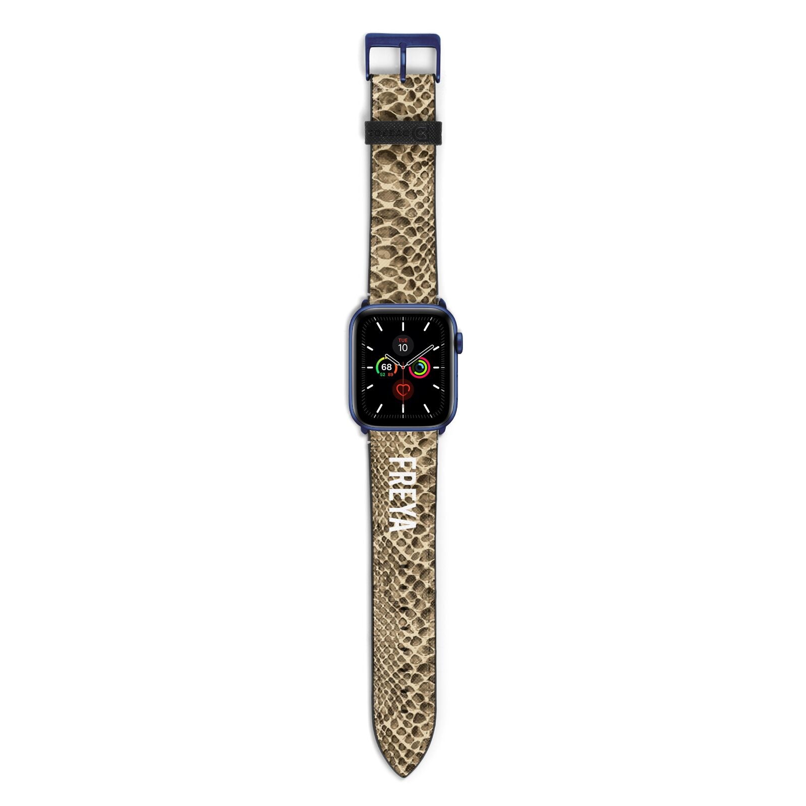 Personalised Tan Snakeskin Apple Watch Strap with Blue Hardware