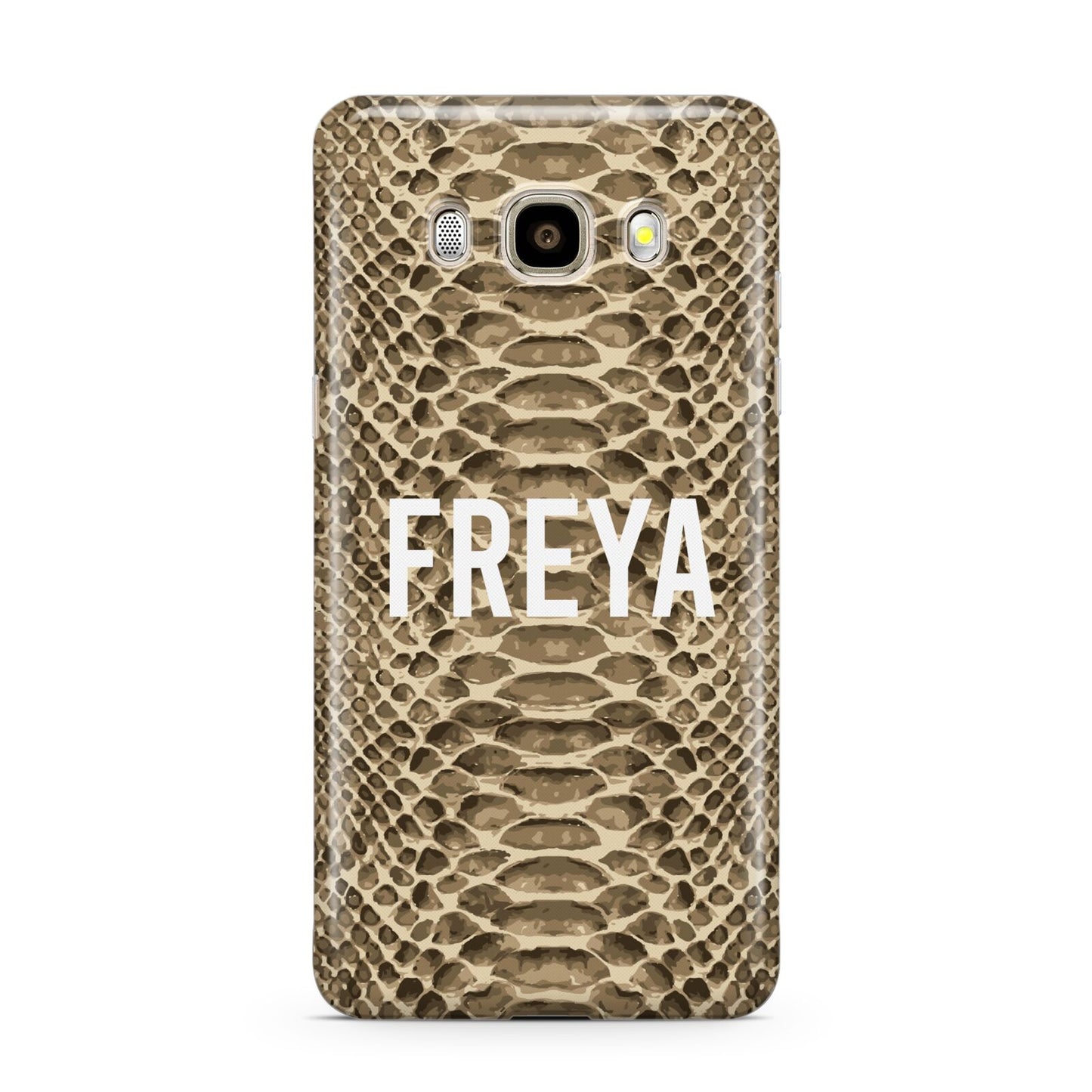 Personalised Tan Snakeskin Samsung Galaxy J7 2016 Case on gold phone