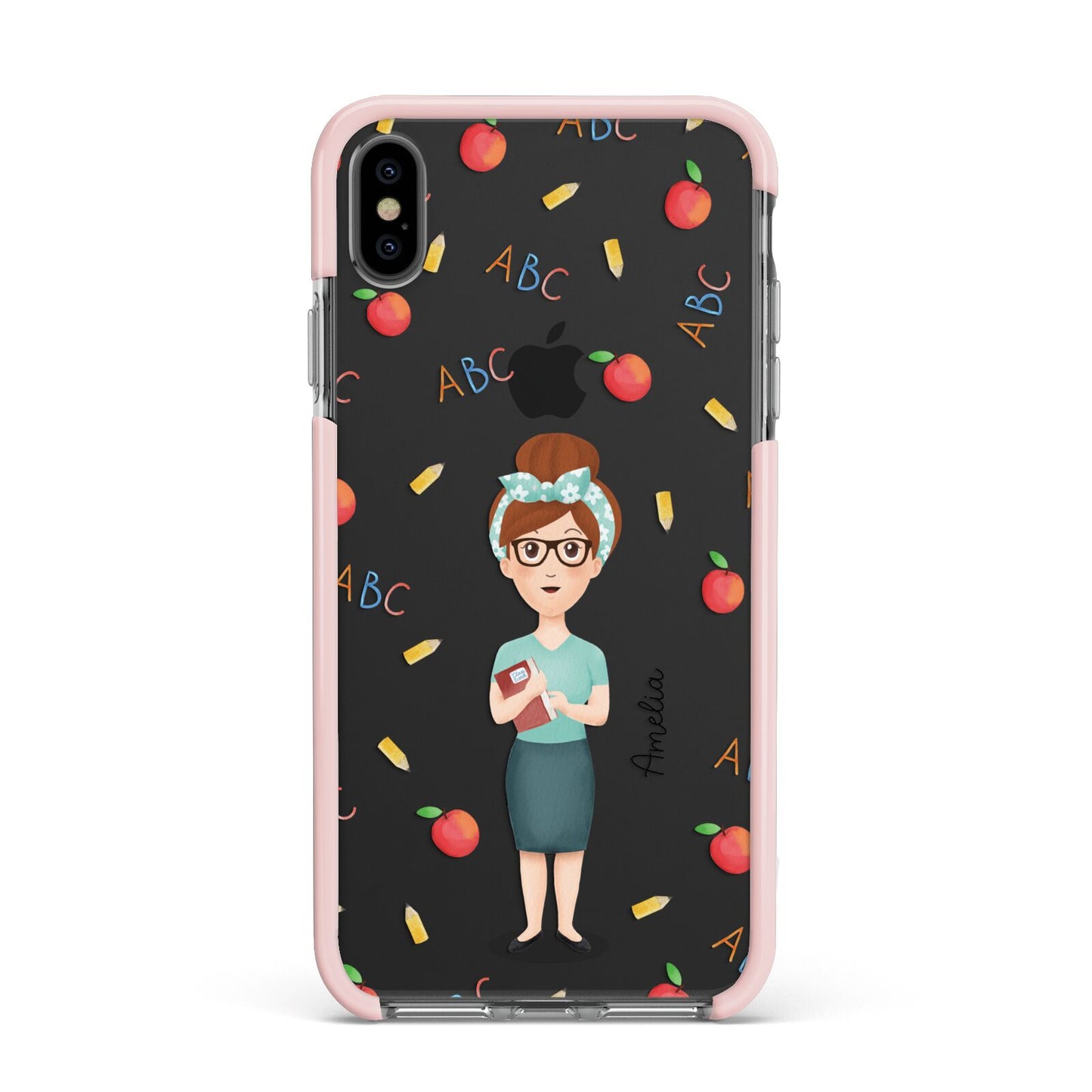 Personalised Teacher Cartoon Apple iPhone Xs Max Impact Case Pink Edge on Black Phone