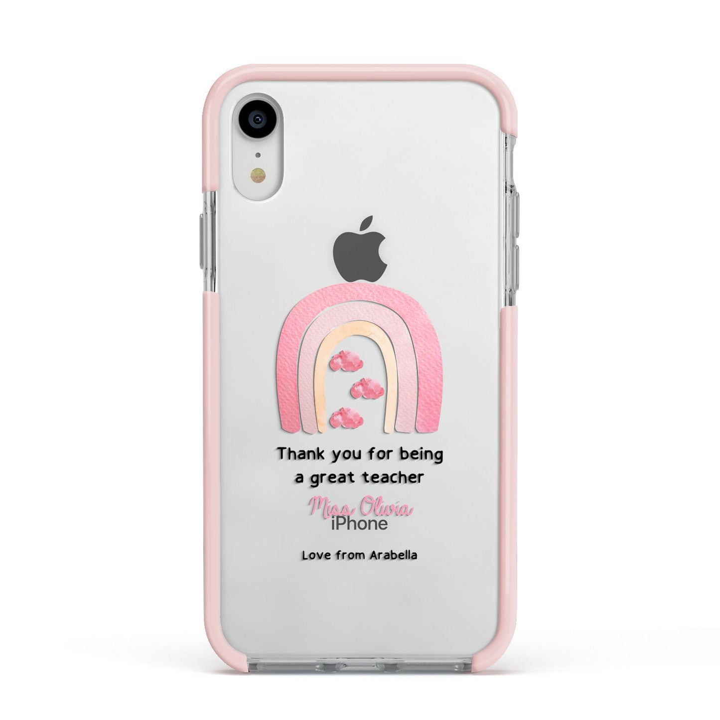 Personalised Teacher Thanks Apple iPhone XR Impact Case Pink Edge on Silver Phone