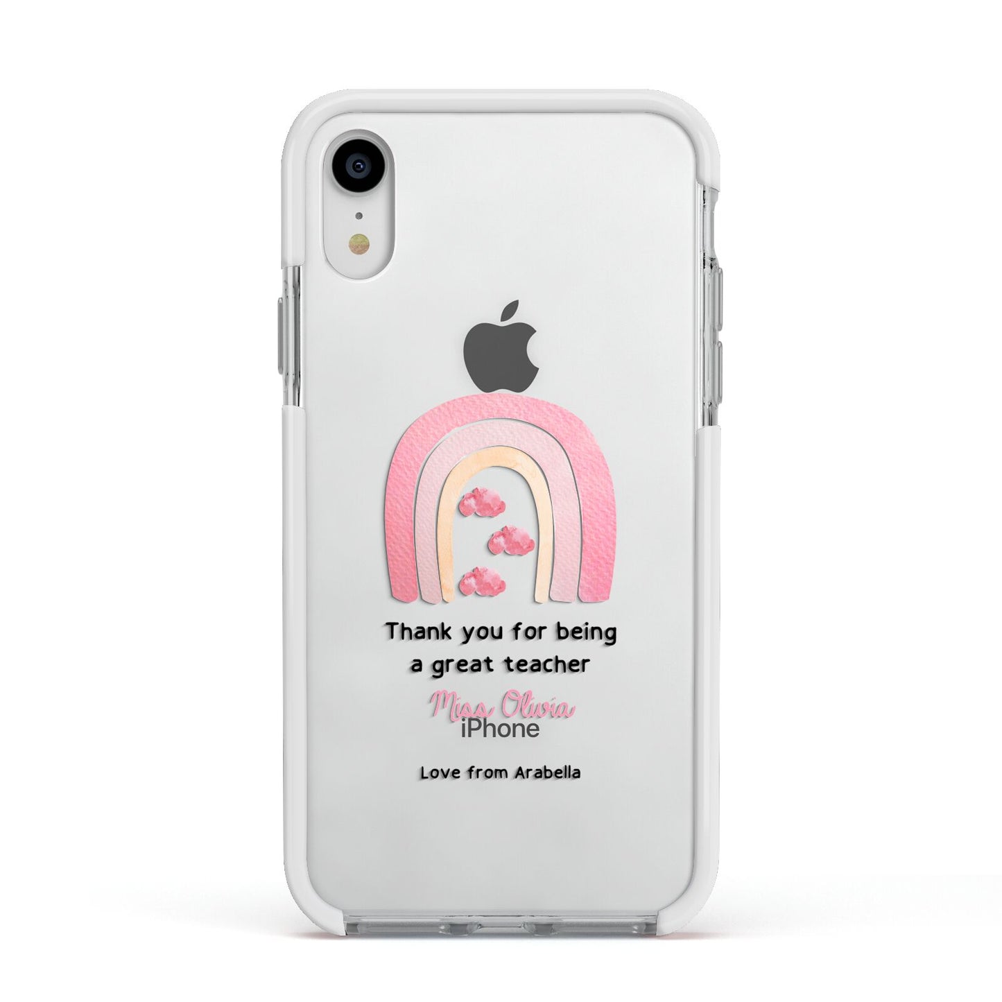 Personalised Teacher Thanks Apple iPhone XR Impact Case White Edge on Silver Phone
