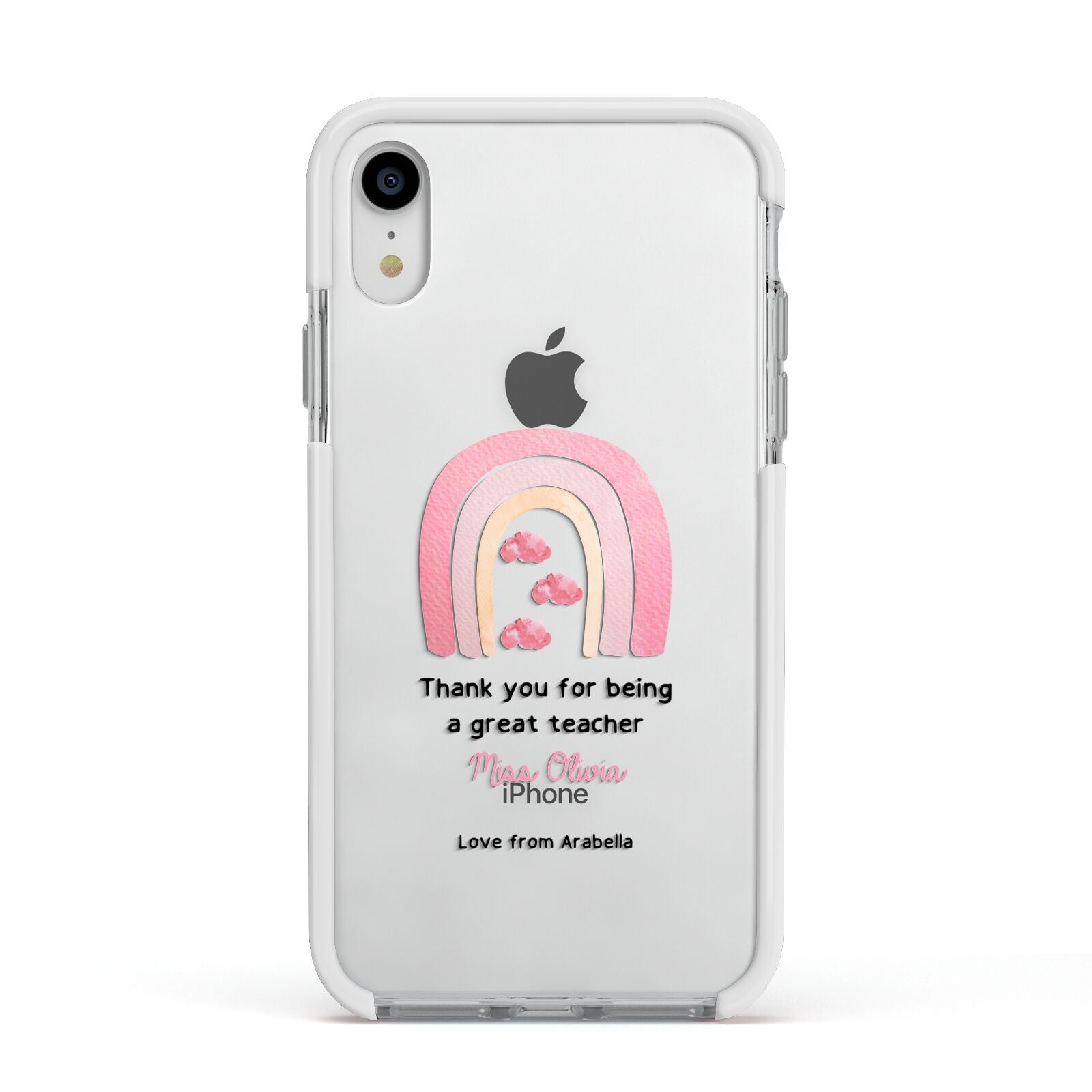 Personalised Teacher Thanks Apple iPhone XR Impact Case White Edge on Silver Phone