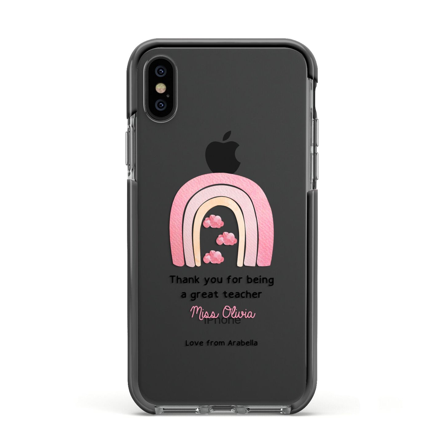 Personalised Teacher Thanks Apple iPhone Xs Impact Case Black Edge on Black Phone