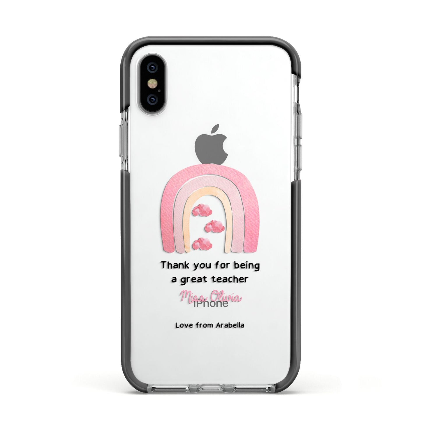 Personalised Teacher Thanks Apple iPhone Xs Impact Case Black Edge on Silver Phone