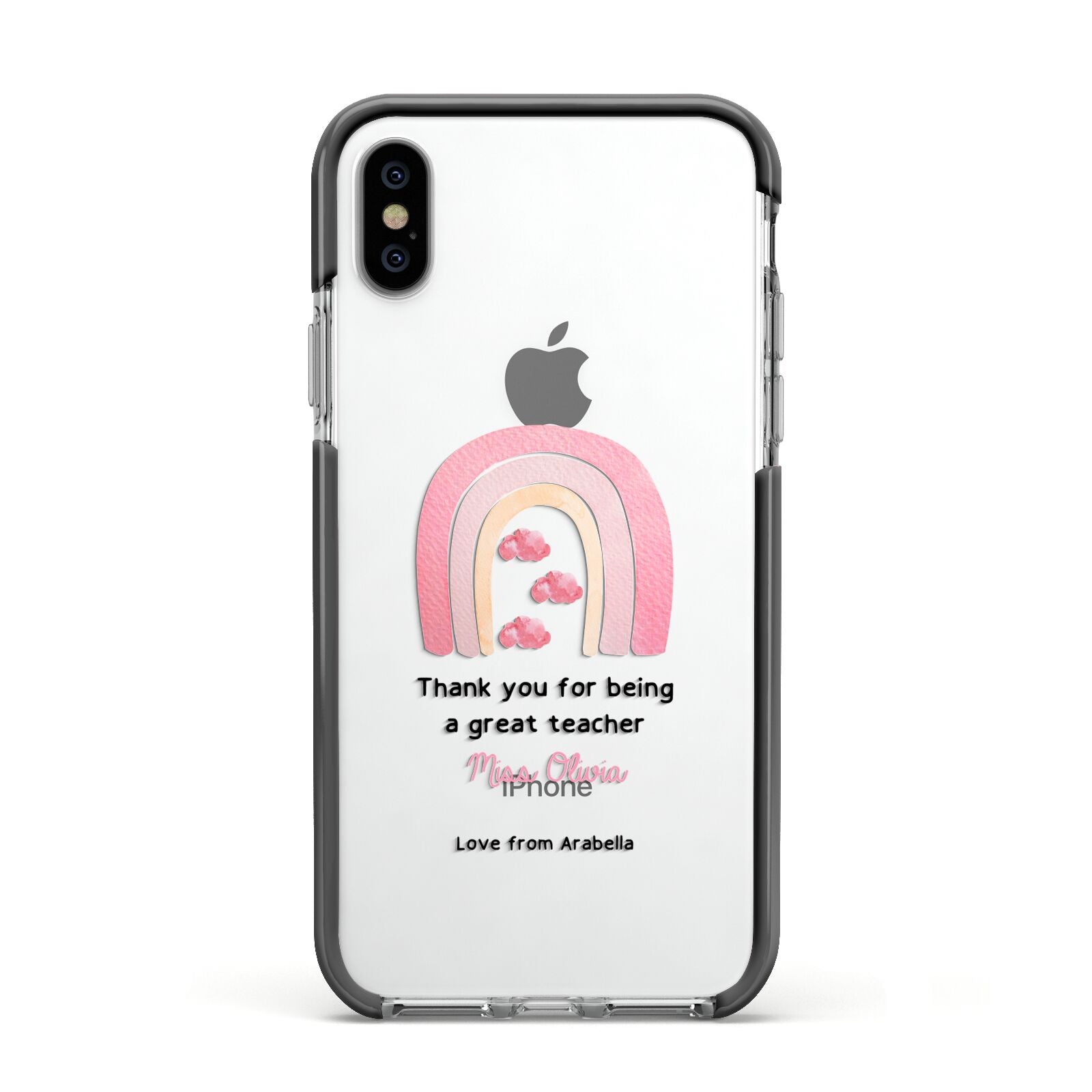 Personalised Teacher Thanks Apple iPhone Xs Impact Case Black Edge on Silver Phone