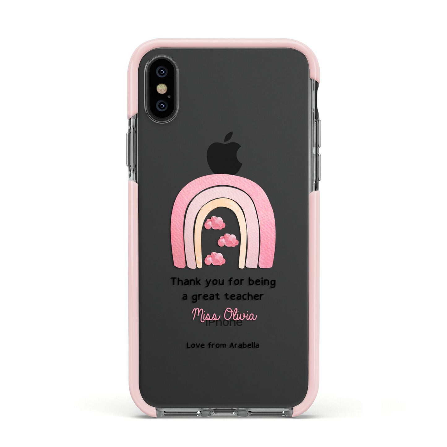 Personalised Teacher Thanks Apple iPhone Xs Impact Case Pink Edge on Black Phone