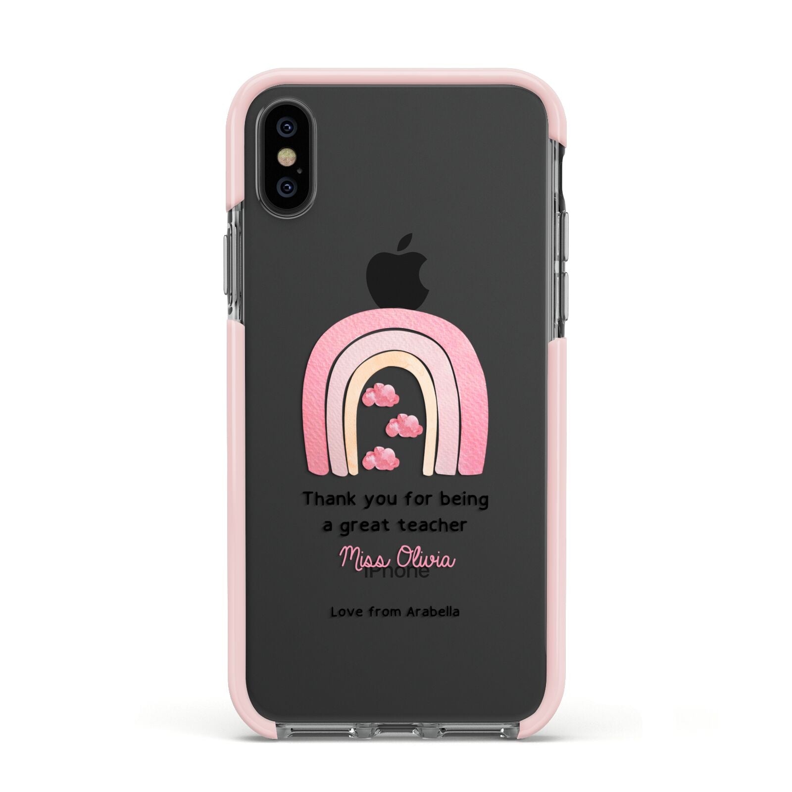 Personalised Teacher Thanks Apple iPhone Xs Impact Case Pink Edge on Black Phone
