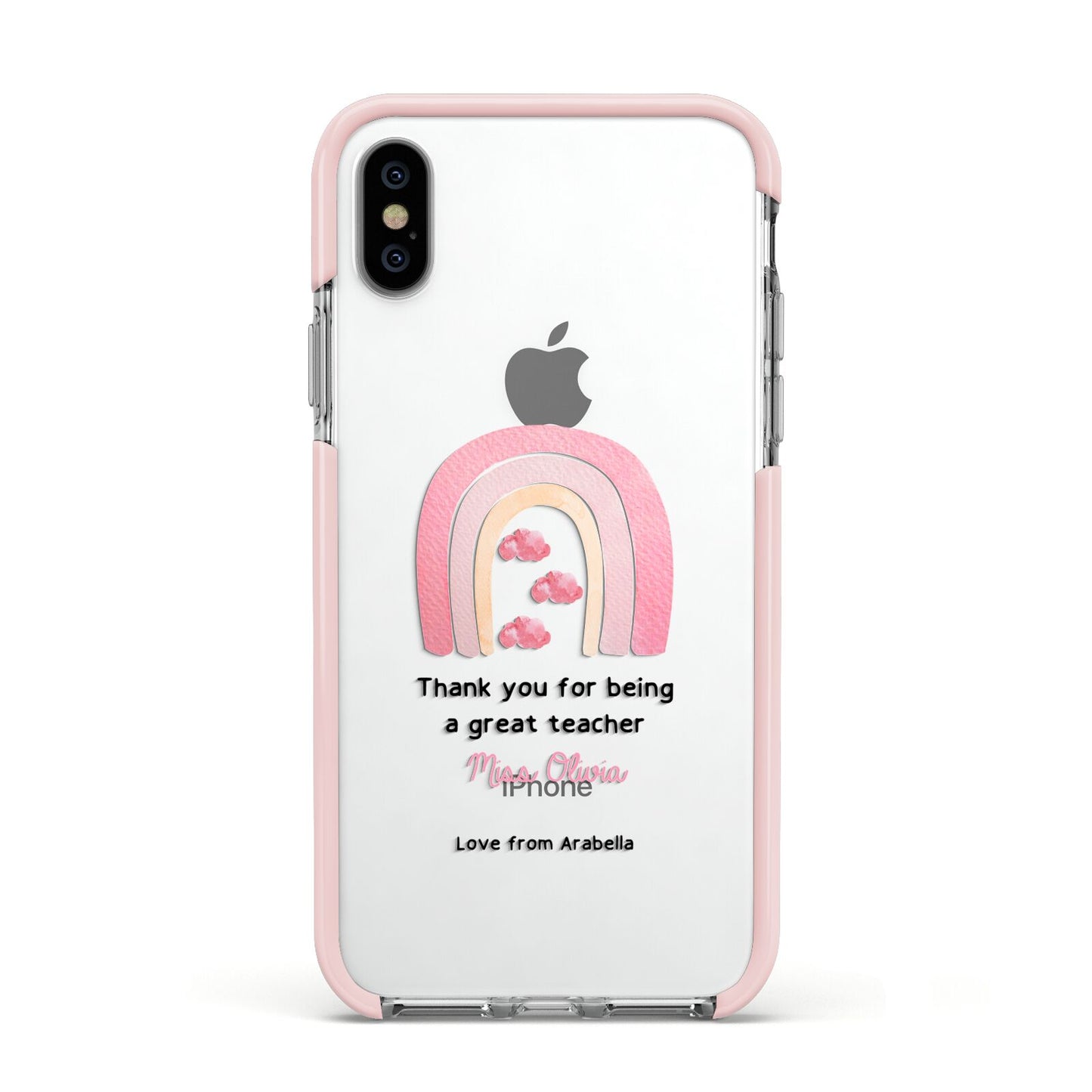 Personalised Teacher Thanks Apple iPhone Xs Impact Case Pink Edge on Silver Phone
