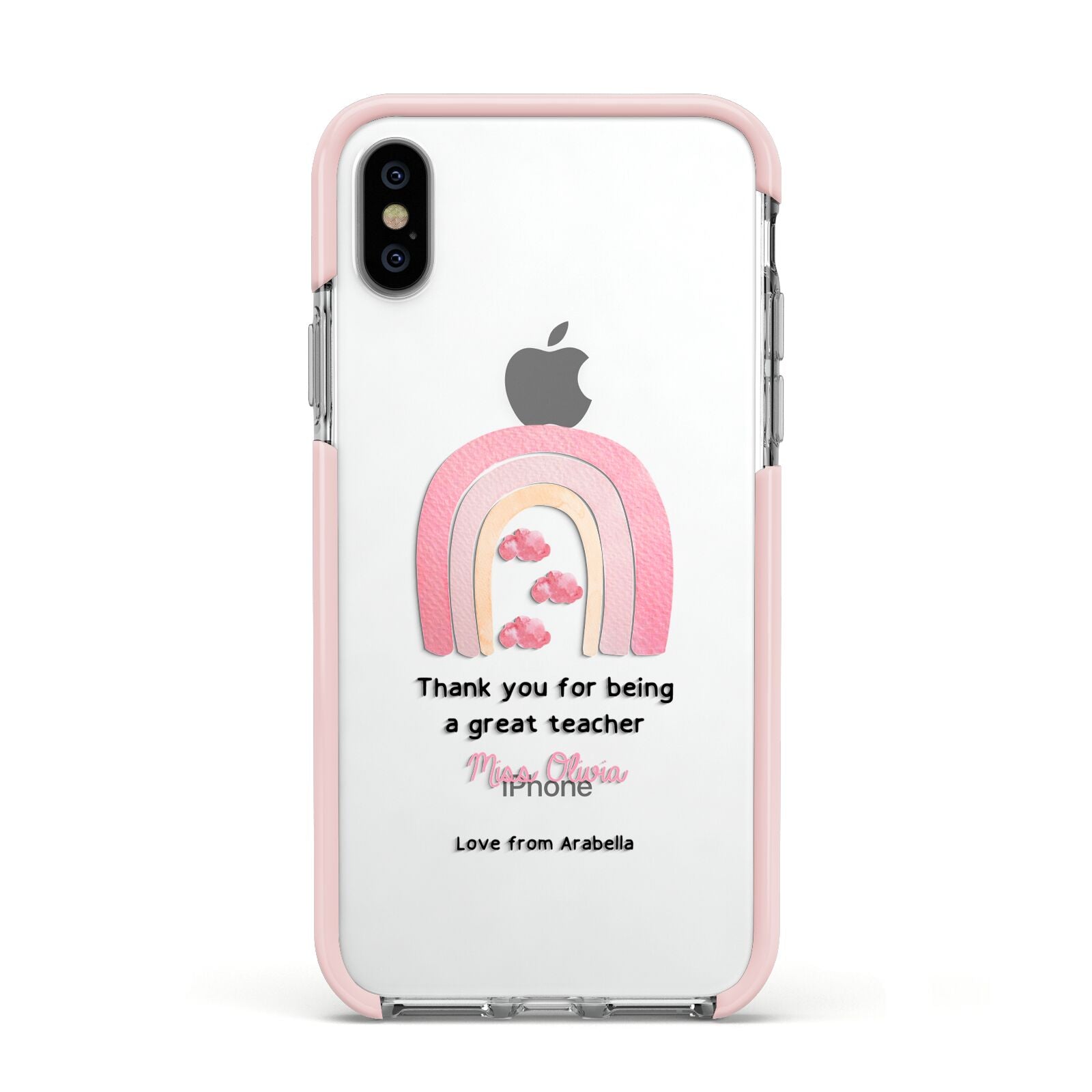 Personalised Teacher Thanks Apple iPhone Xs Impact Case Pink Edge on Silver Phone