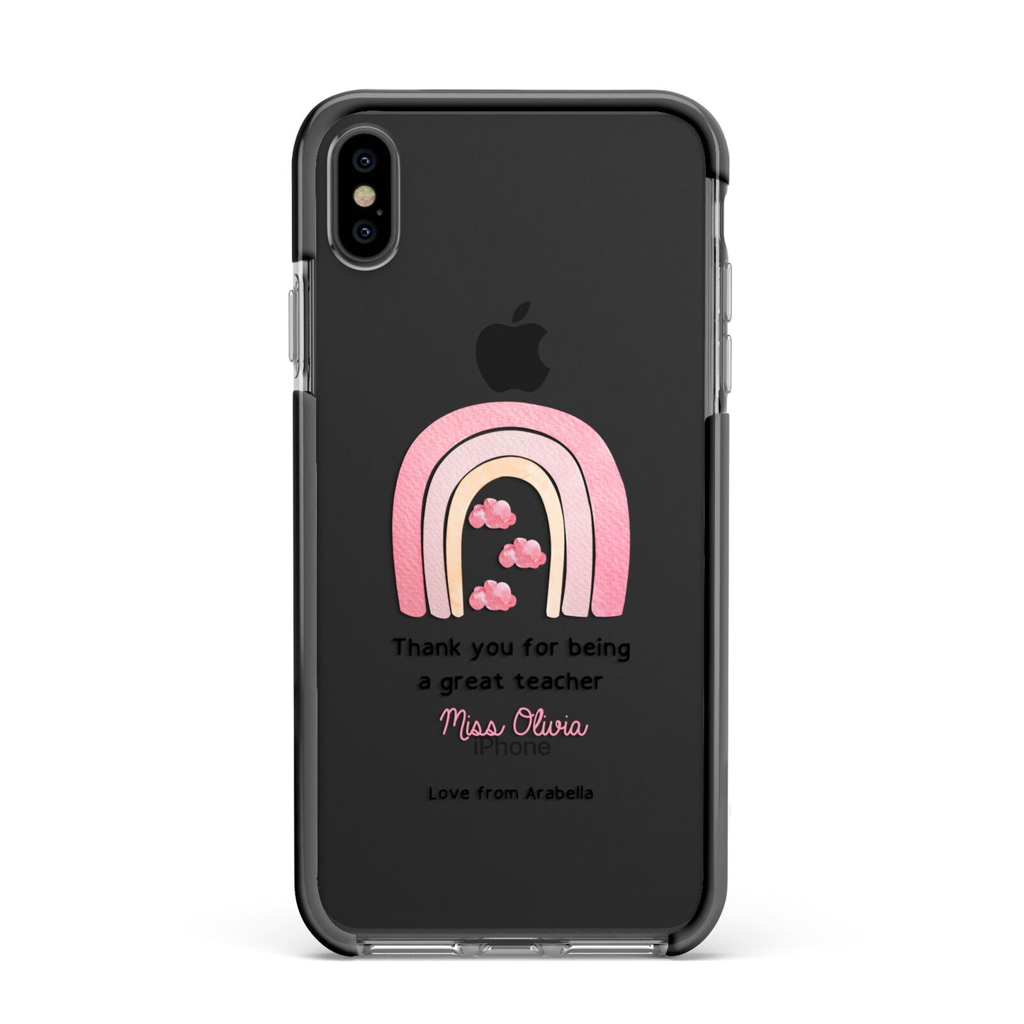 Personalised Teacher Thanks Apple iPhone Xs Max Impact Case Black Edge on Black Phone