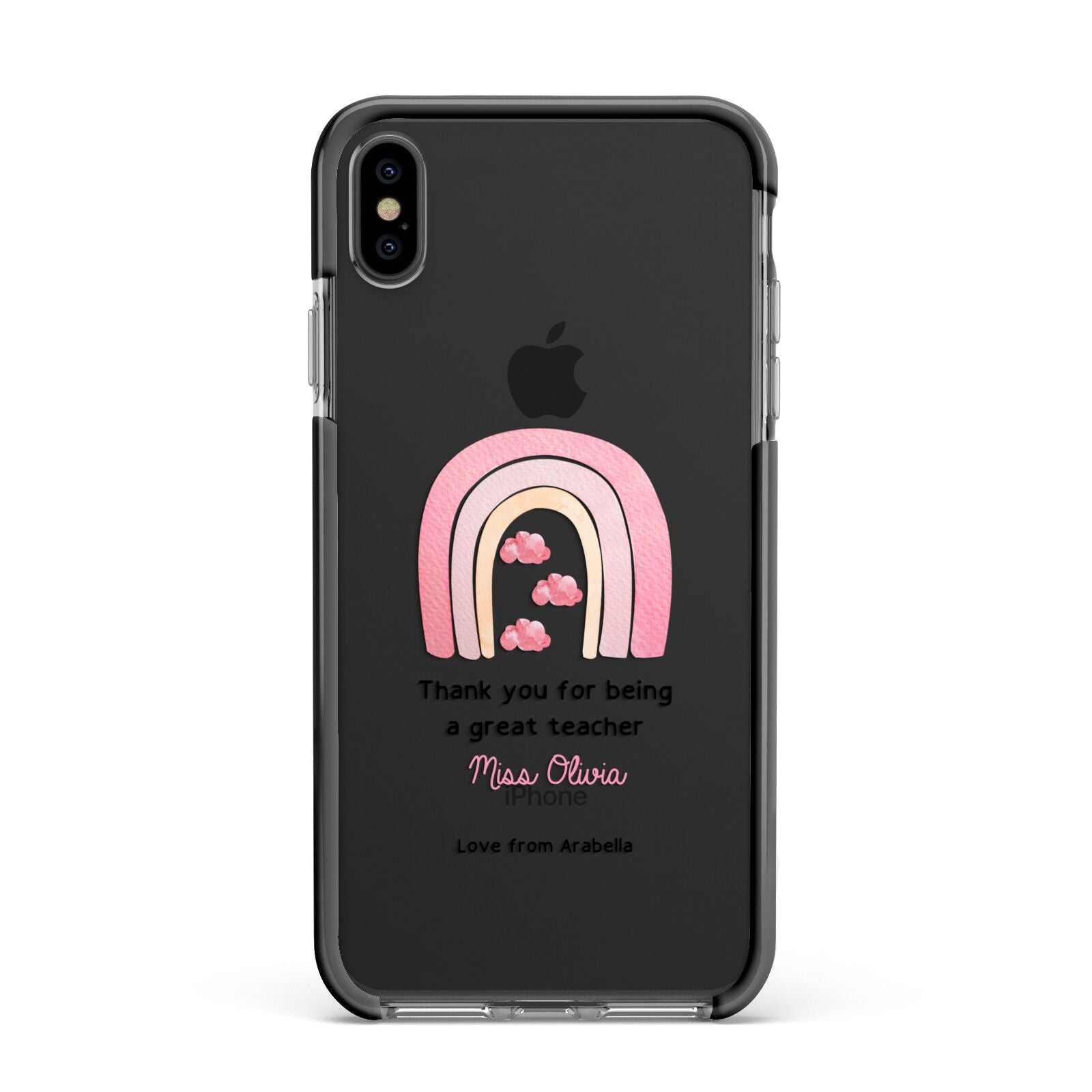 Personalised Teacher Thanks Apple iPhone Xs Max Impact Case Black Edge on Black Phone