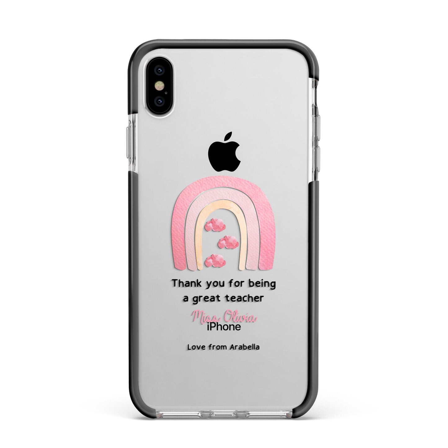 Personalised Teacher Thanks Apple iPhone Xs Max Impact Case Black Edge on Silver Phone