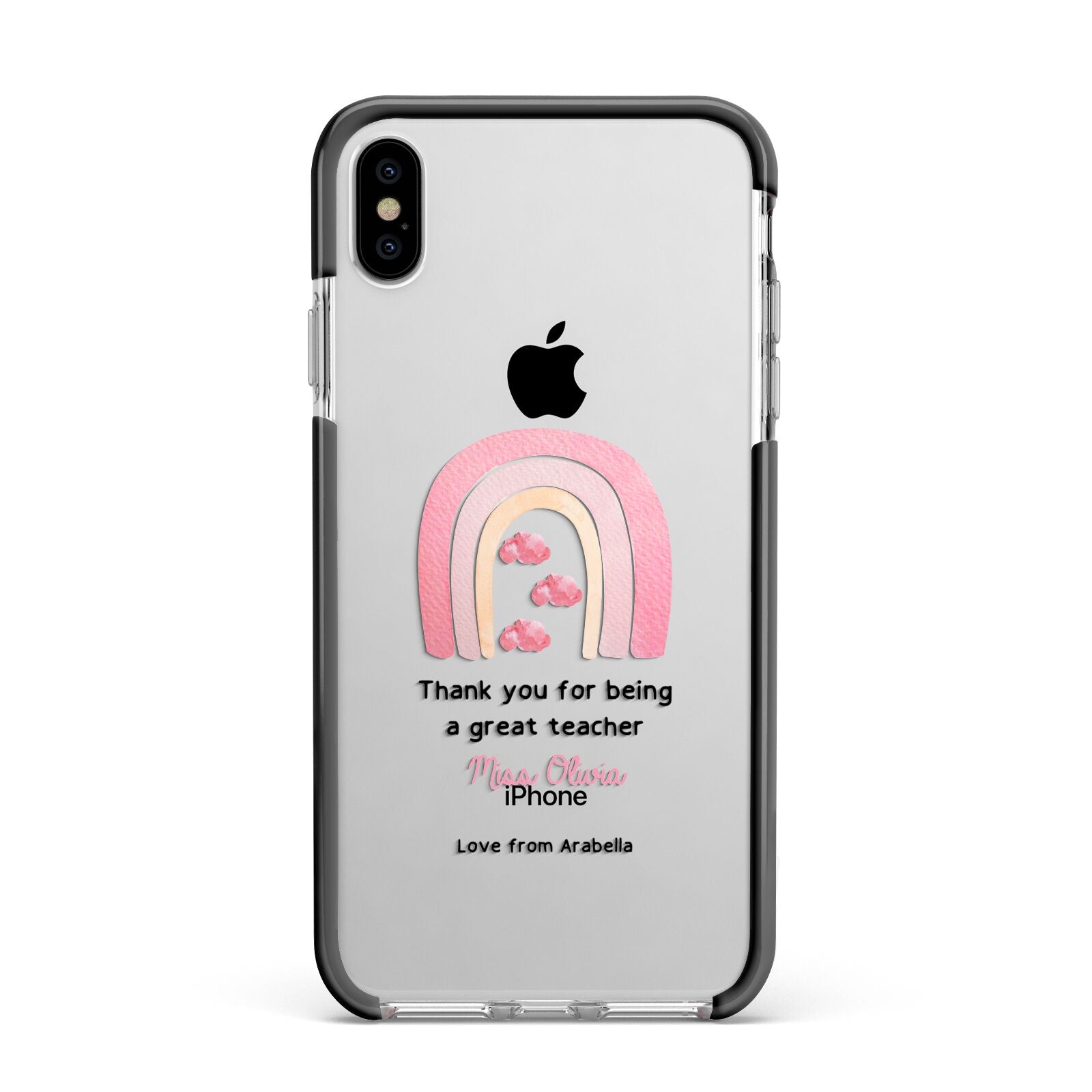 Personalised Teacher Thanks Apple iPhone Xs Max Impact Case Black Edge on Silver Phone