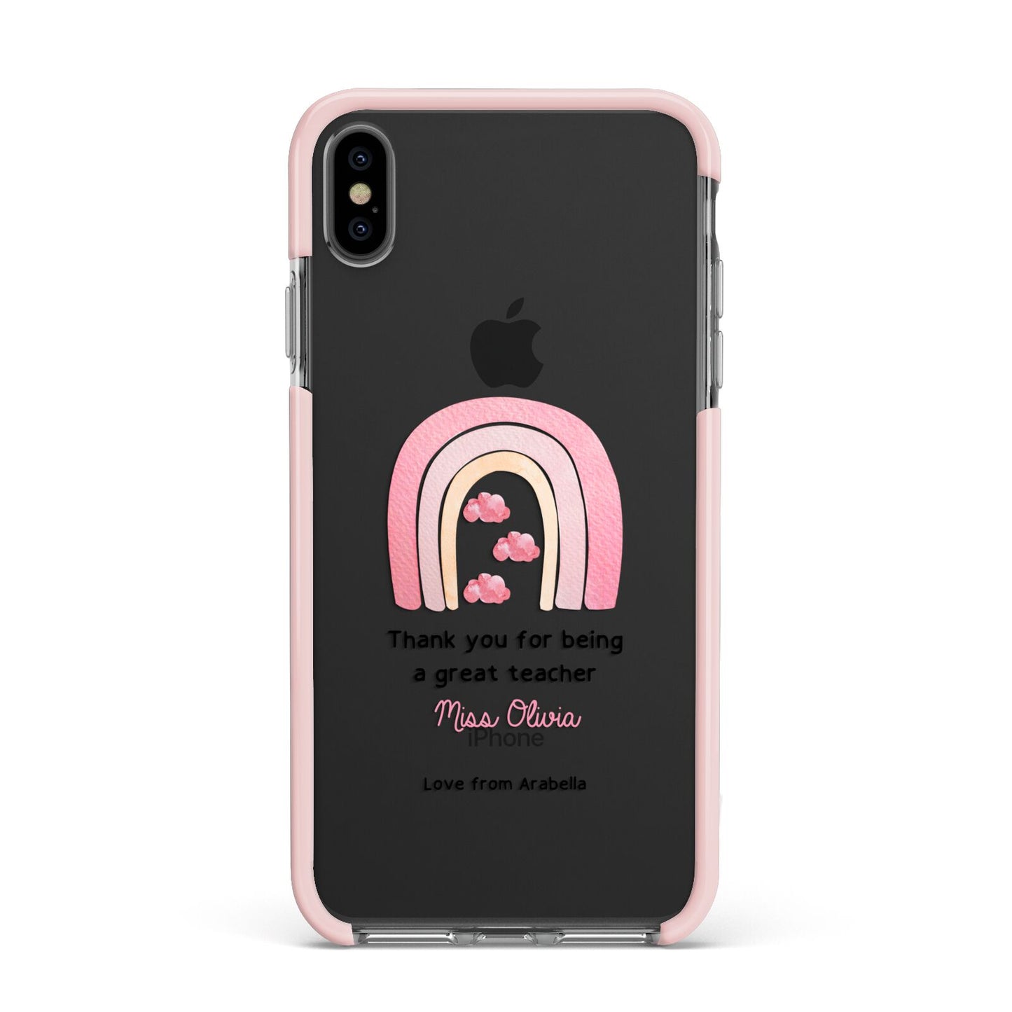 Personalised Teacher Thanks Apple iPhone Xs Max Impact Case Pink Edge on Black Phone