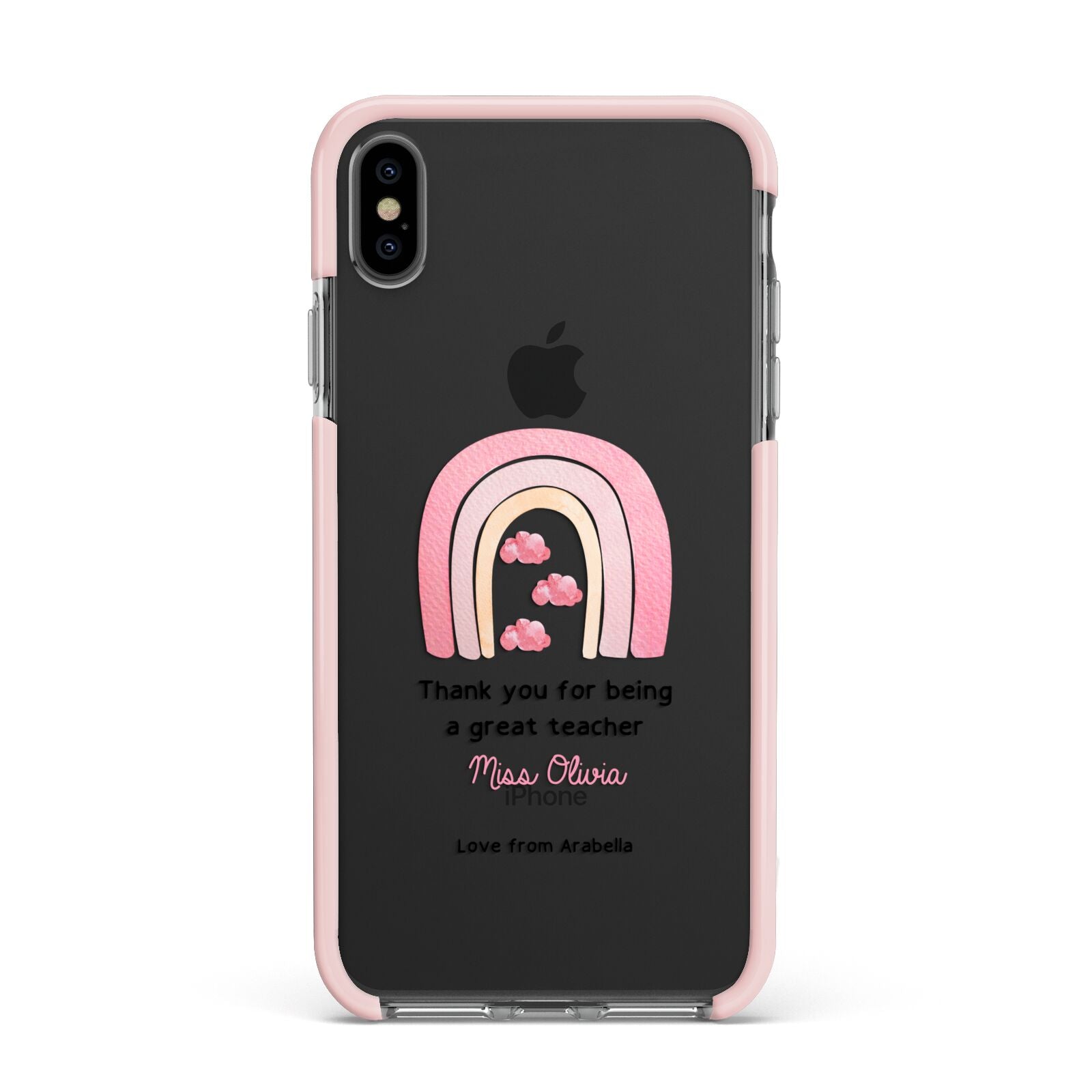 Personalised Teacher Thanks Apple iPhone Xs Max Impact Case Pink Edge on Black Phone