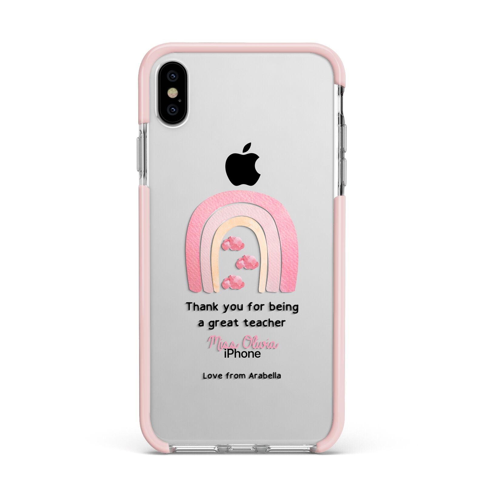 Personalised Teacher Thanks Apple iPhone Xs Max Impact Case Pink Edge on Silver Phone