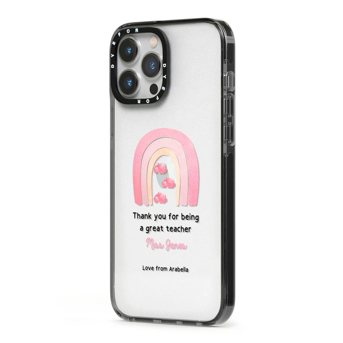 Personalised Teacher Thanks iPhone 13 Pro Max Black Impact Case Side Angle on Silver phone