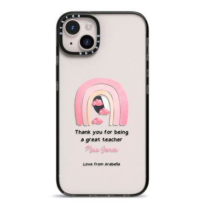 Personalised Teacher Thanks iPhone 14 Plus Black Impact Case on Silver phone