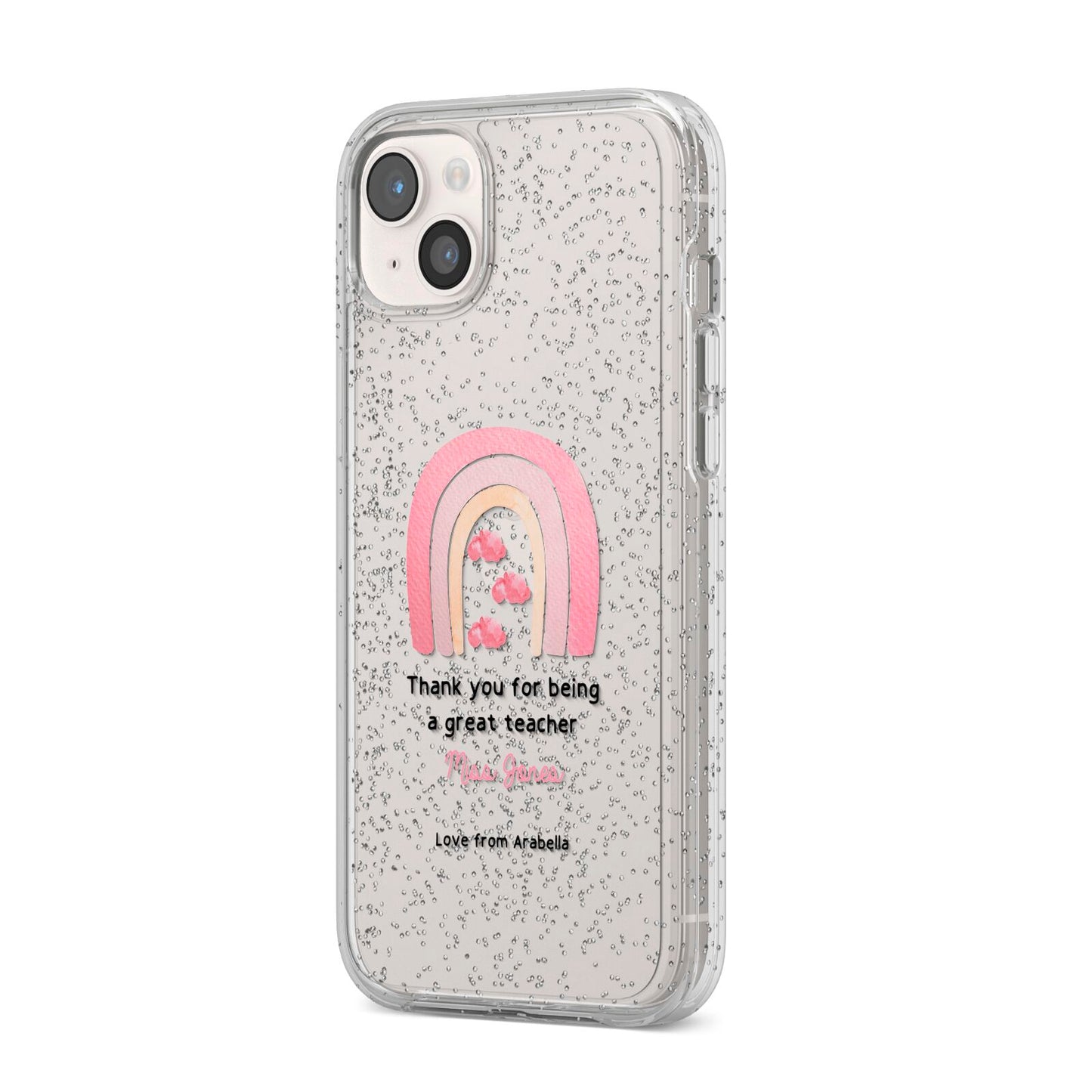 Personalised Teacher Thanks iPhone 14 Plus Glitter Tough Case Starlight Angled Image
