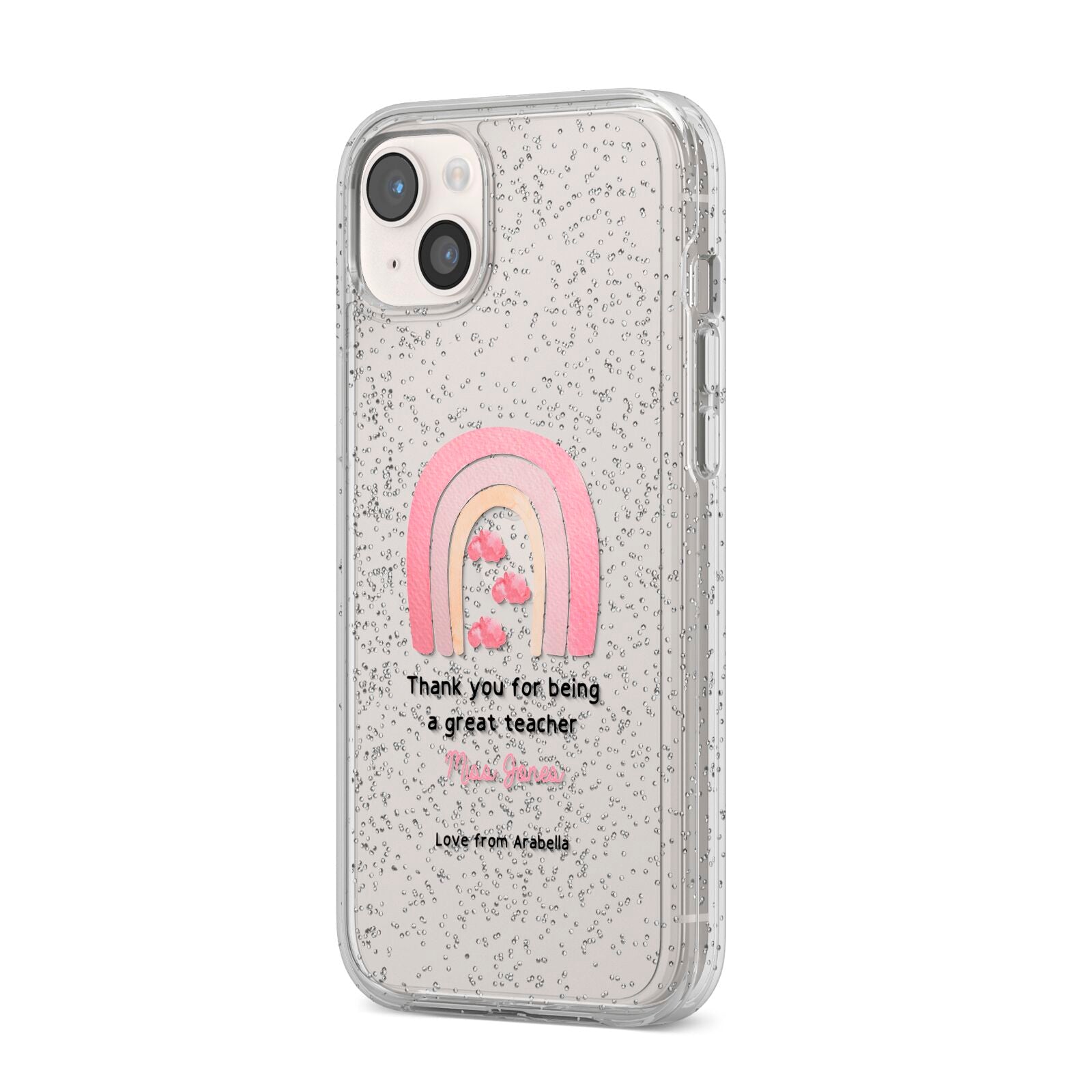 Personalised Teacher Thanks iPhone 14 Plus Glitter Tough Case Starlight Angled Image