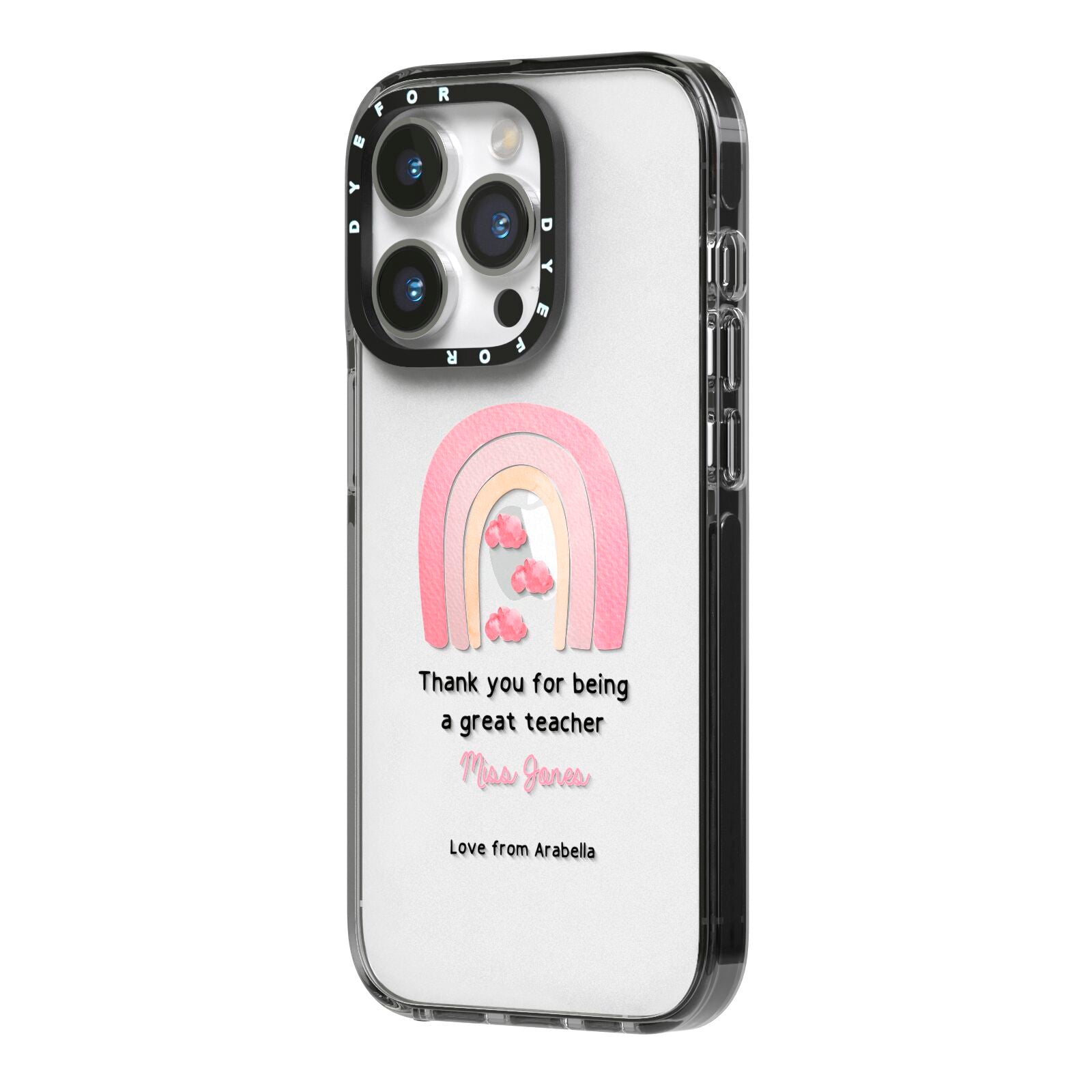 Personalised Teacher Thanks iPhone 14 Pro Black Impact Case Side Angle on Silver phone