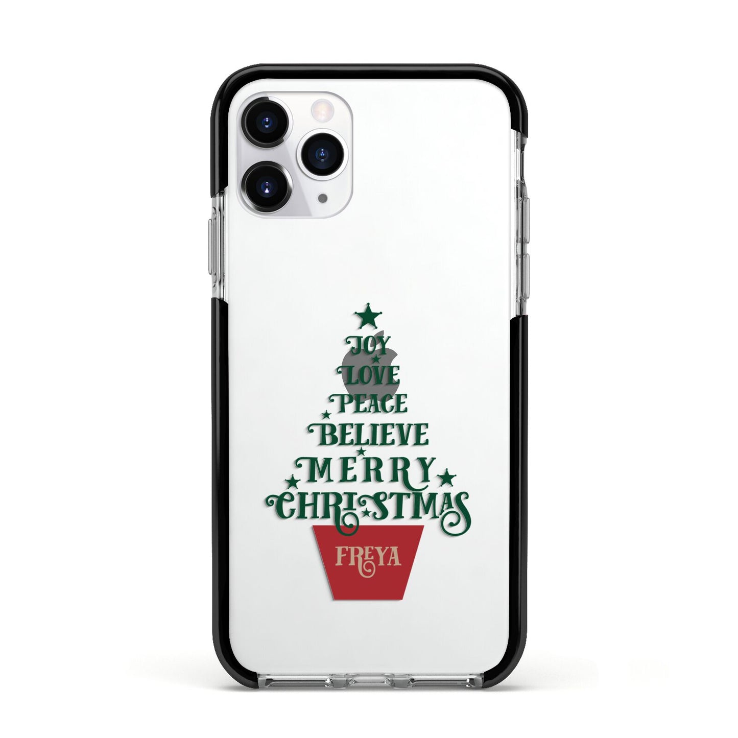 Personalised Text Christmas Tree Apple iPhone 11 Pro in Silver with Black Impact Case
