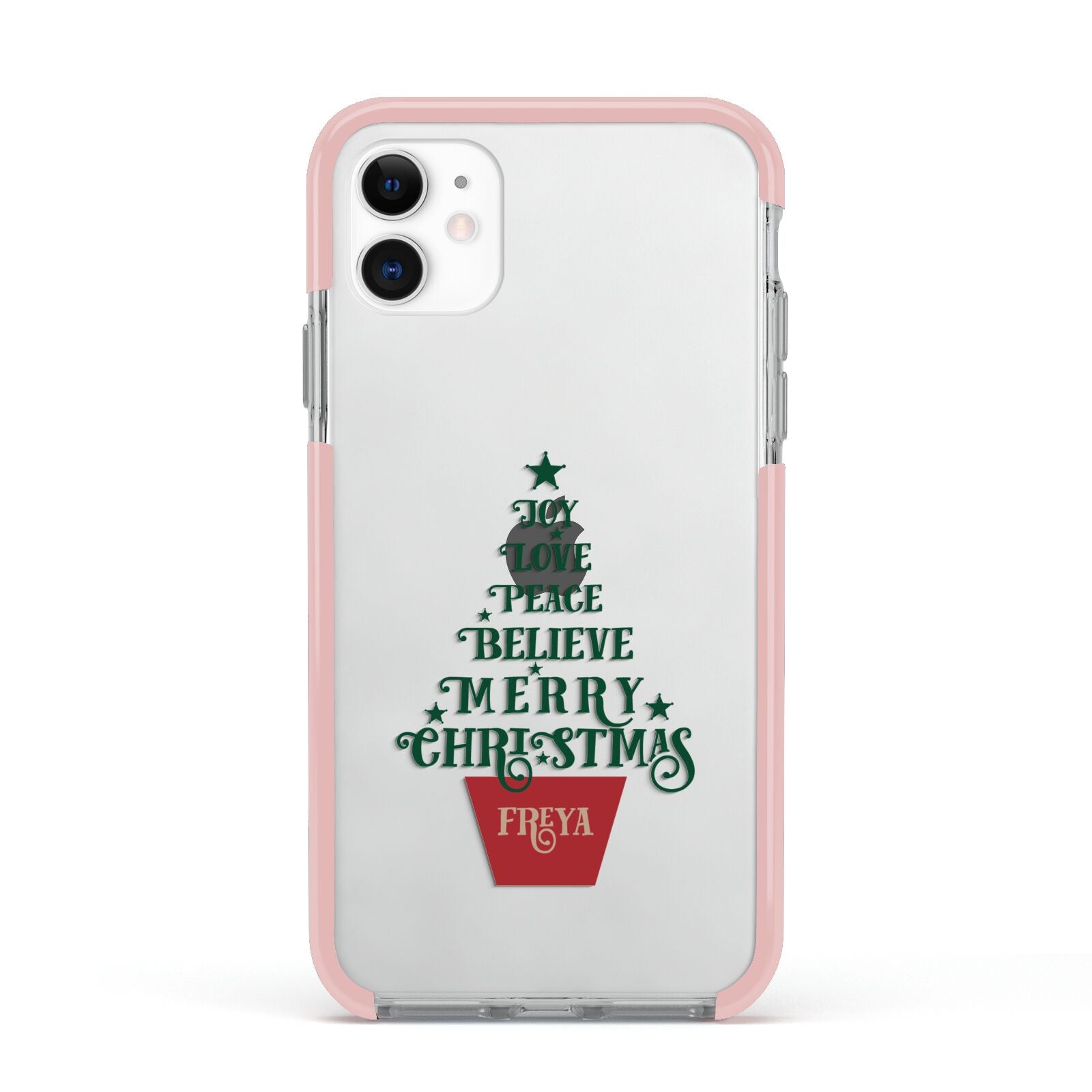 Personalised Text Christmas Tree Apple iPhone 11 in White with Pink Impact Case