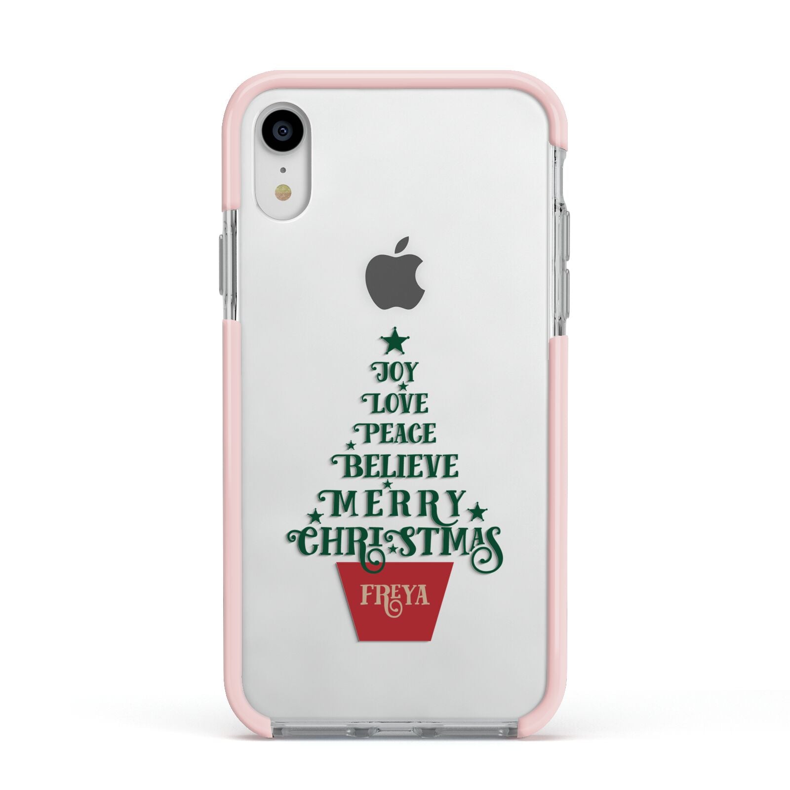 Personalised Text Christmas Tree Apple iPhone XR Impact Case Pink Edge on Silver Phone