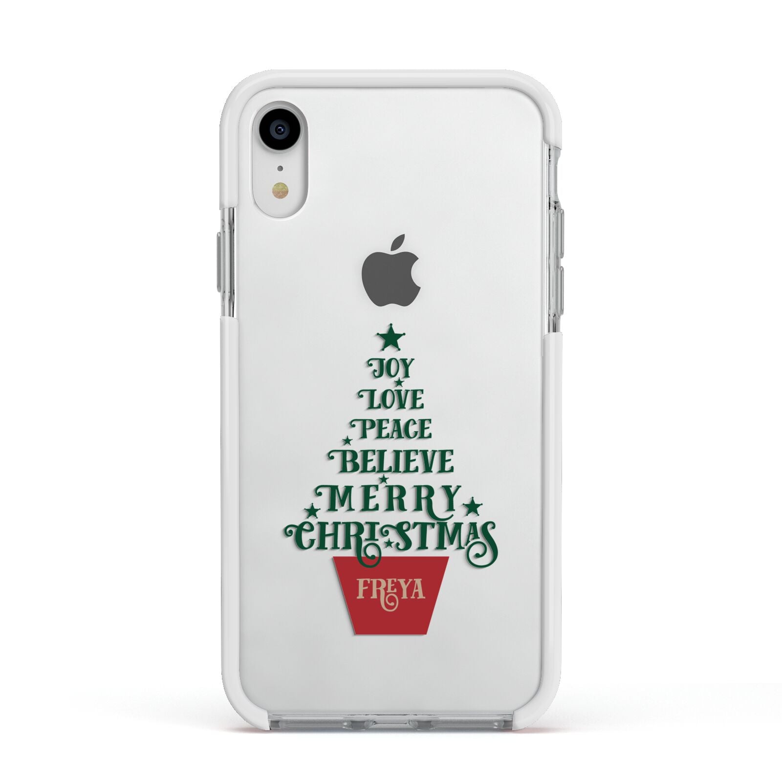 Personalised Text Christmas Tree Apple iPhone XR Impact Case White Edge on Silver Phone