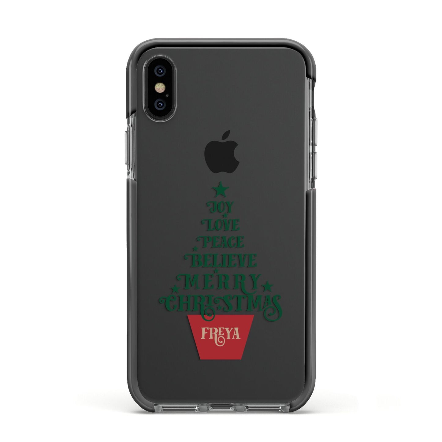 Personalised Text Christmas Tree Apple iPhone Xs Impact Case Black Edge on Black Phone