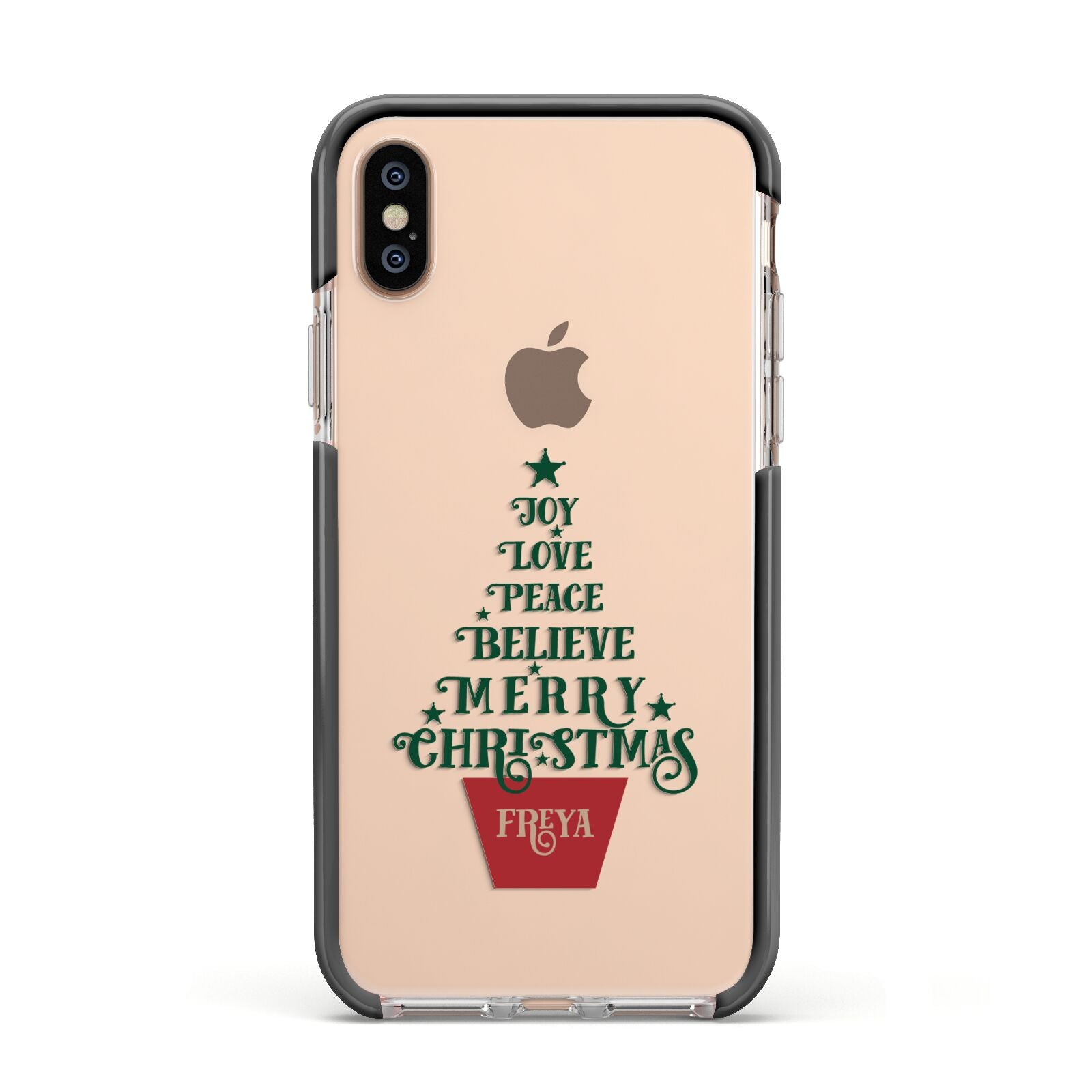 Personalised Text Christmas Tree Apple iPhone Xs Impact Case Black Edge on Gold Phone