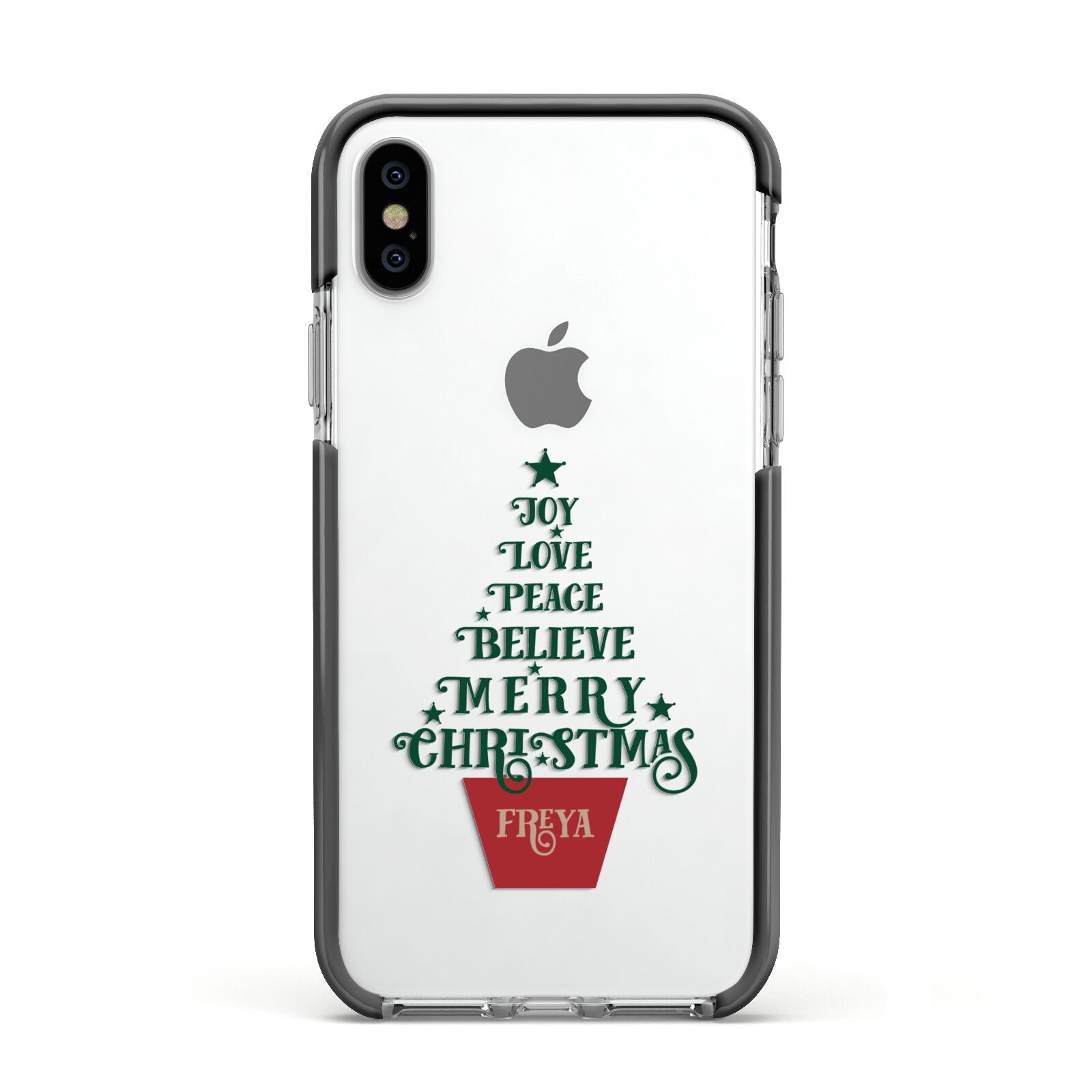 Personalised Text Christmas Tree Apple iPhone Xs Impact Case Black Edge on Silver Phone