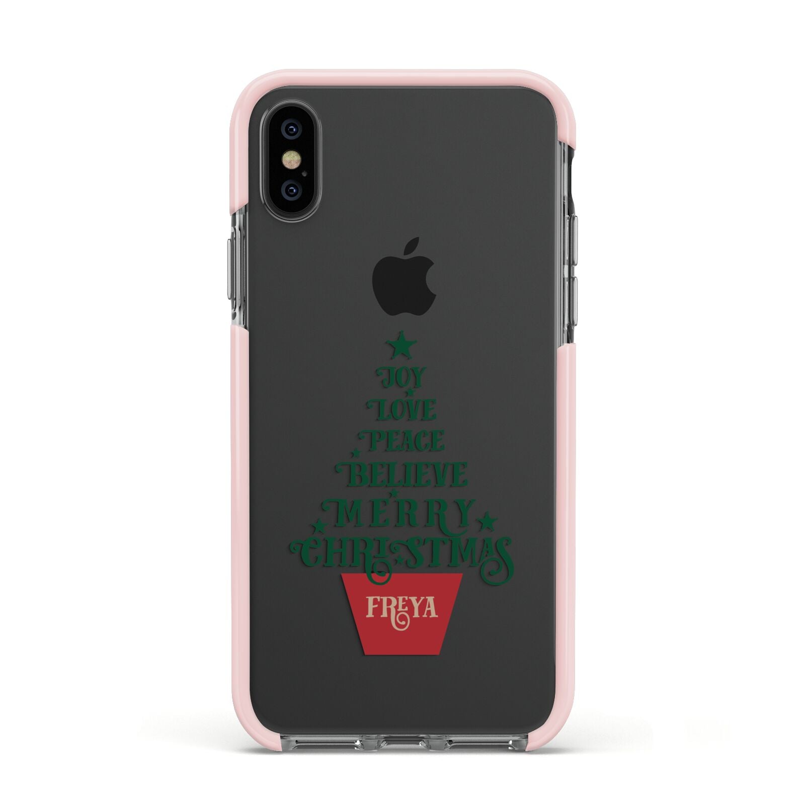 Personalised Text Christmas Tree Apple iPhone Xs Impact Case Pink Edge on Black Phone