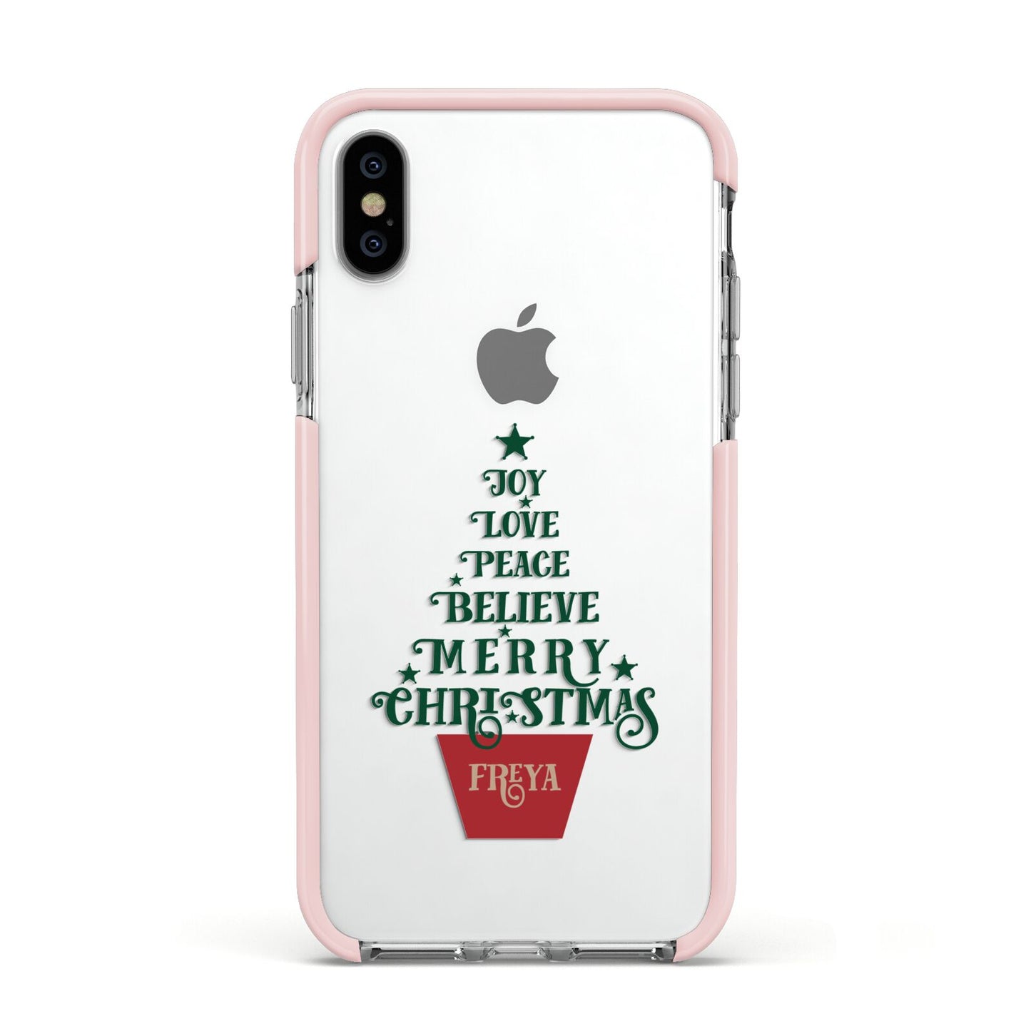 Personalised Text Christmas Tree Apple iPhone Xs Impact Case Pink Edge on Silver Phone