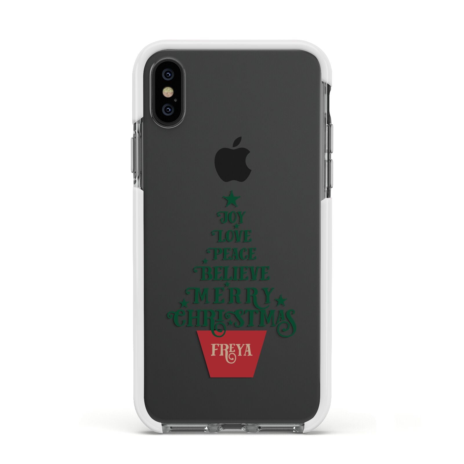 Personalised Text Christmas Tree Apple iPhone Xs Impact Case White Edge on Black Phone