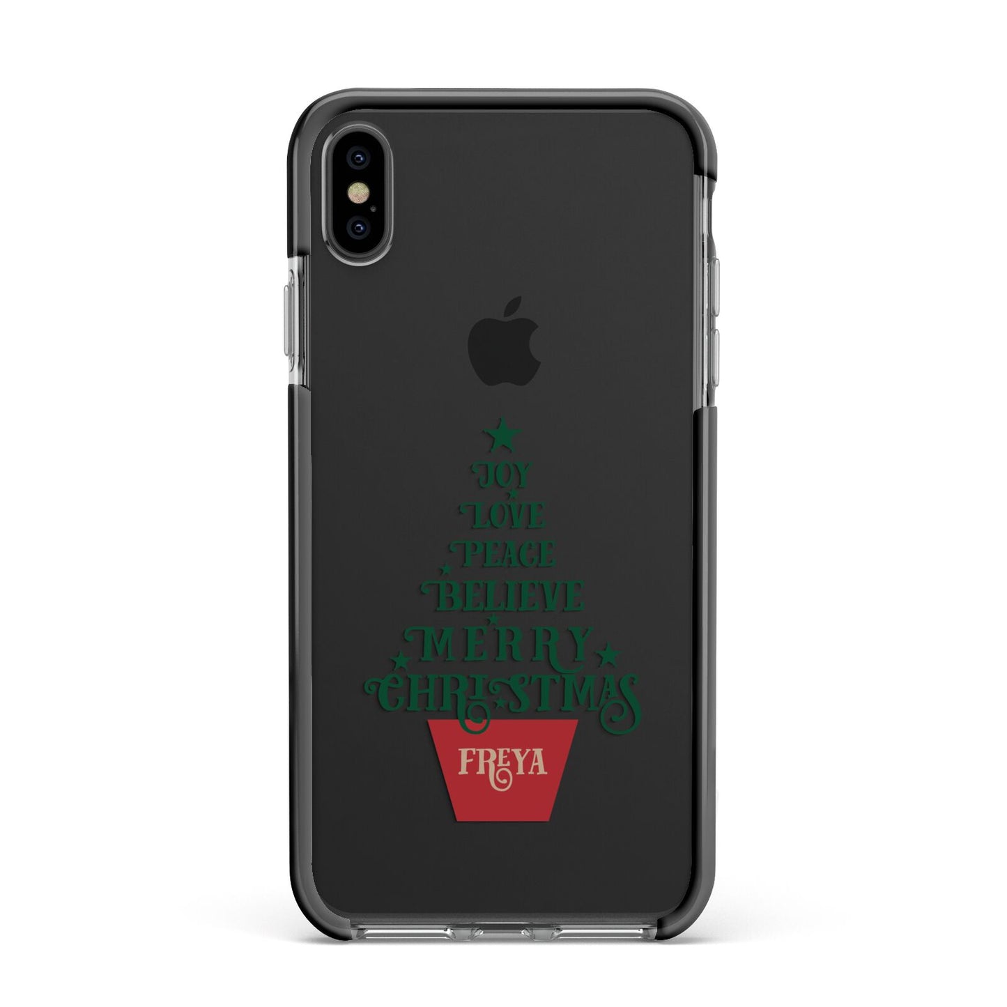 Personalised Text Christmas Tree Apple iPhone Xs Max Impact Case Black Edge on Black Phone