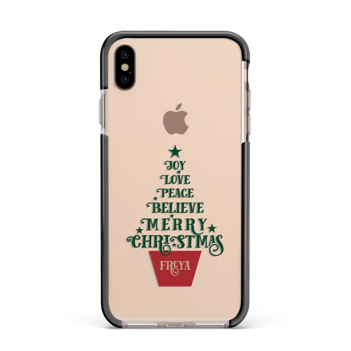 Personalised Text Christmas Tree Apple iPhone Xs Max Impact Case Black Edge on Gold Phone