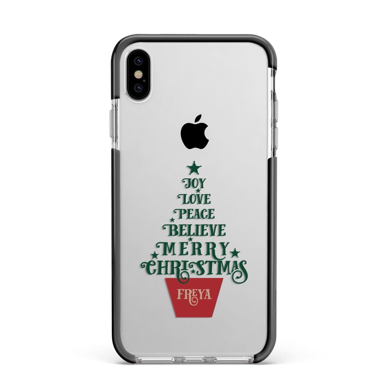 Personalised Text Christmas Tree Apple iPhone Xs Max Impact Case Black Edge on Silver Phone