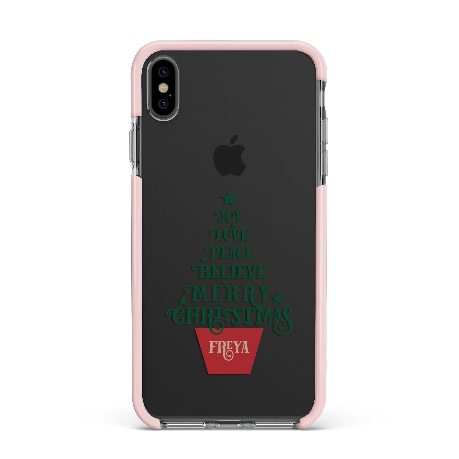 Personalised Text Christmas Tree Apple iPhone Xs Max Impact Case Pink Edge on Black Phone