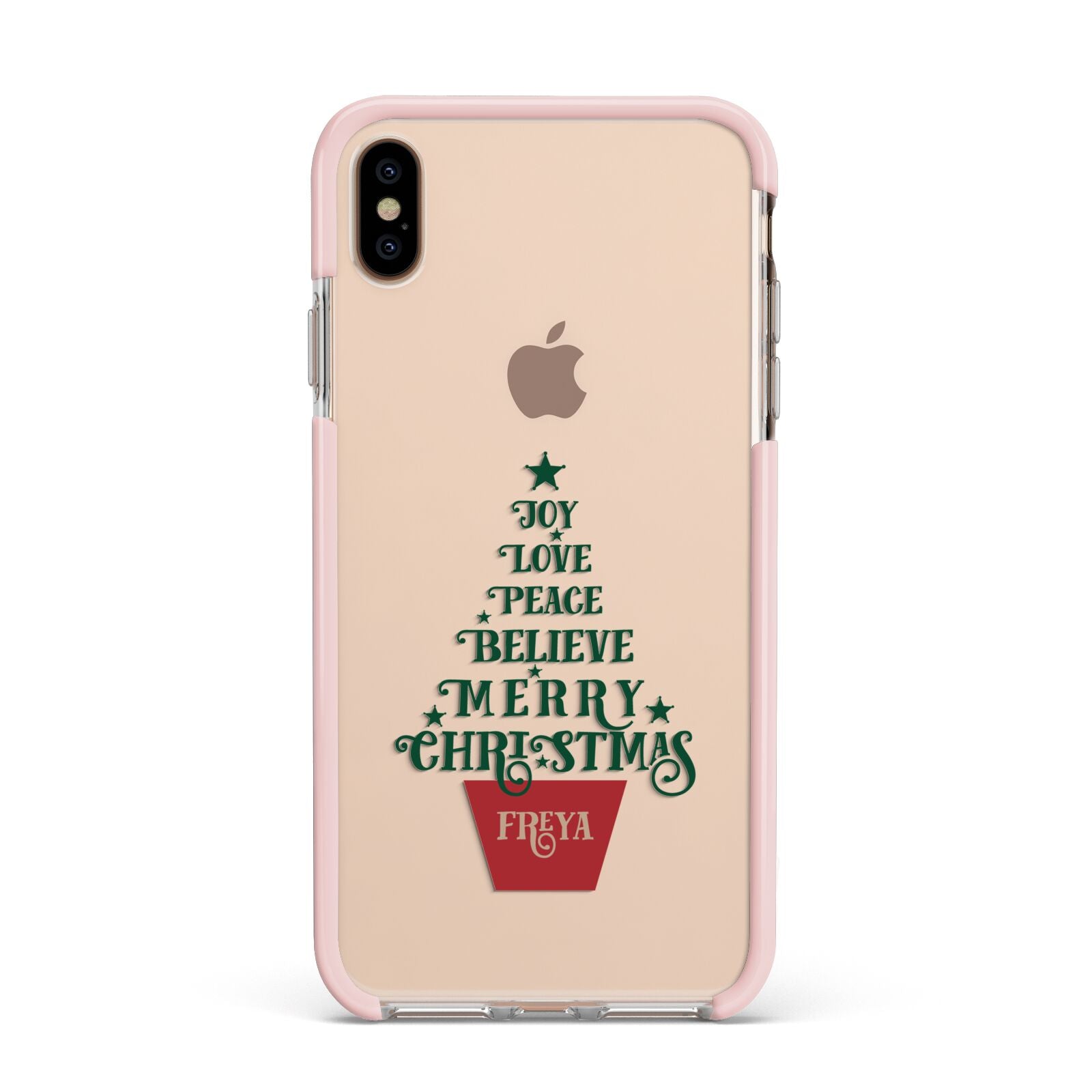 Personalised Text Christmas Tree Apple iPhone Xs Max Impact Case Pink Edge on Gold Phone