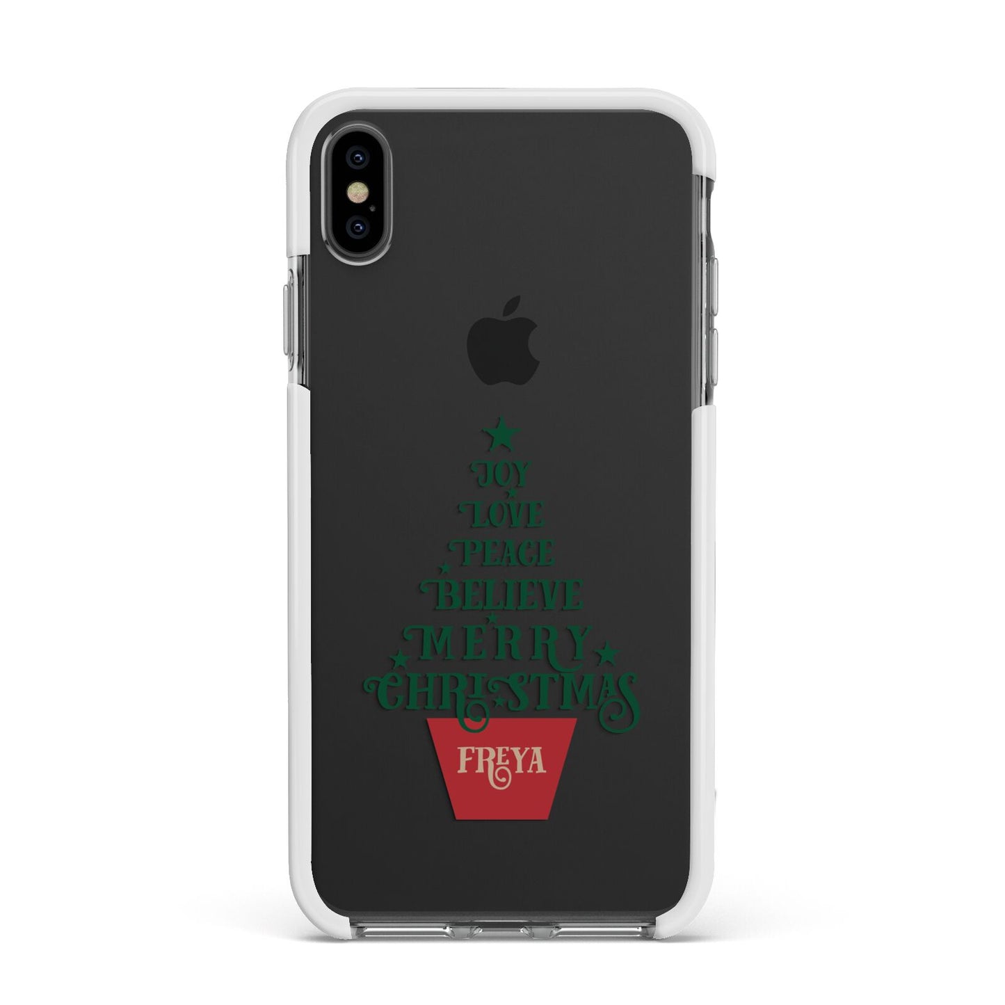 Personalised Text Christmas Tree Apple iPhone Xs Max Impact Case White Edge on Black Phone