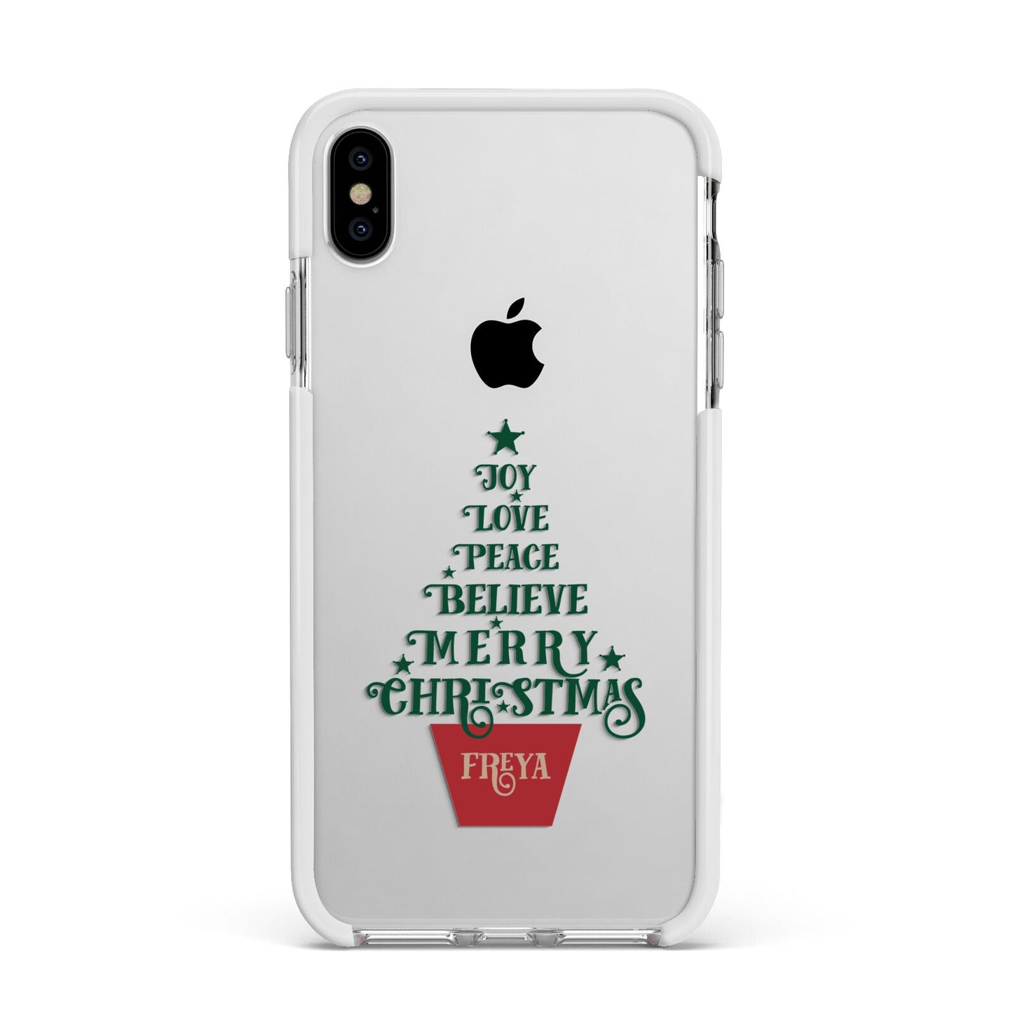 Personalised Text Christmas Tree Apple iPhone Xs Max Impact Case White Edge on Silver Phone