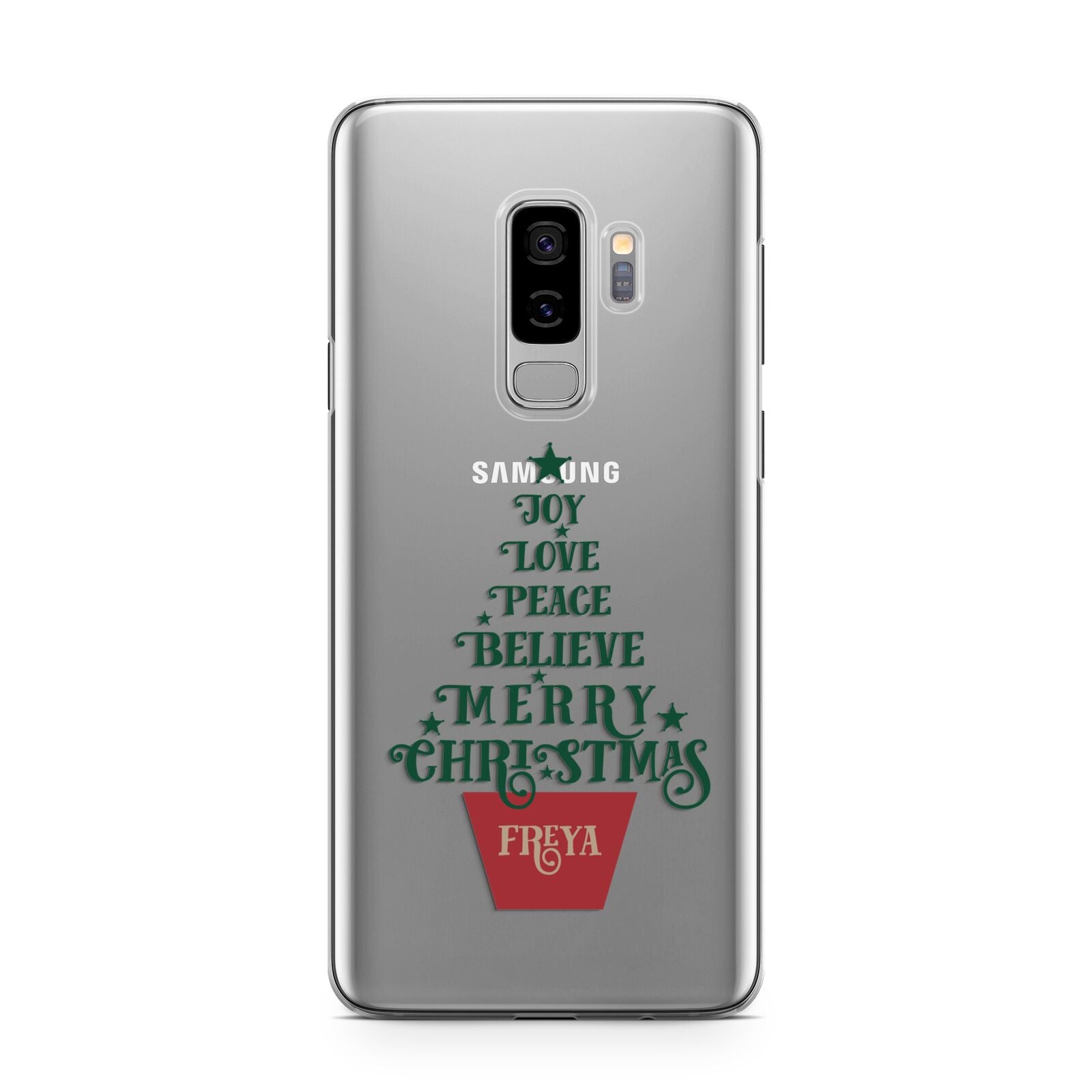 Personalised Text Christmas Tree Samsung Galaxy S9 Plus Case on Silver phone