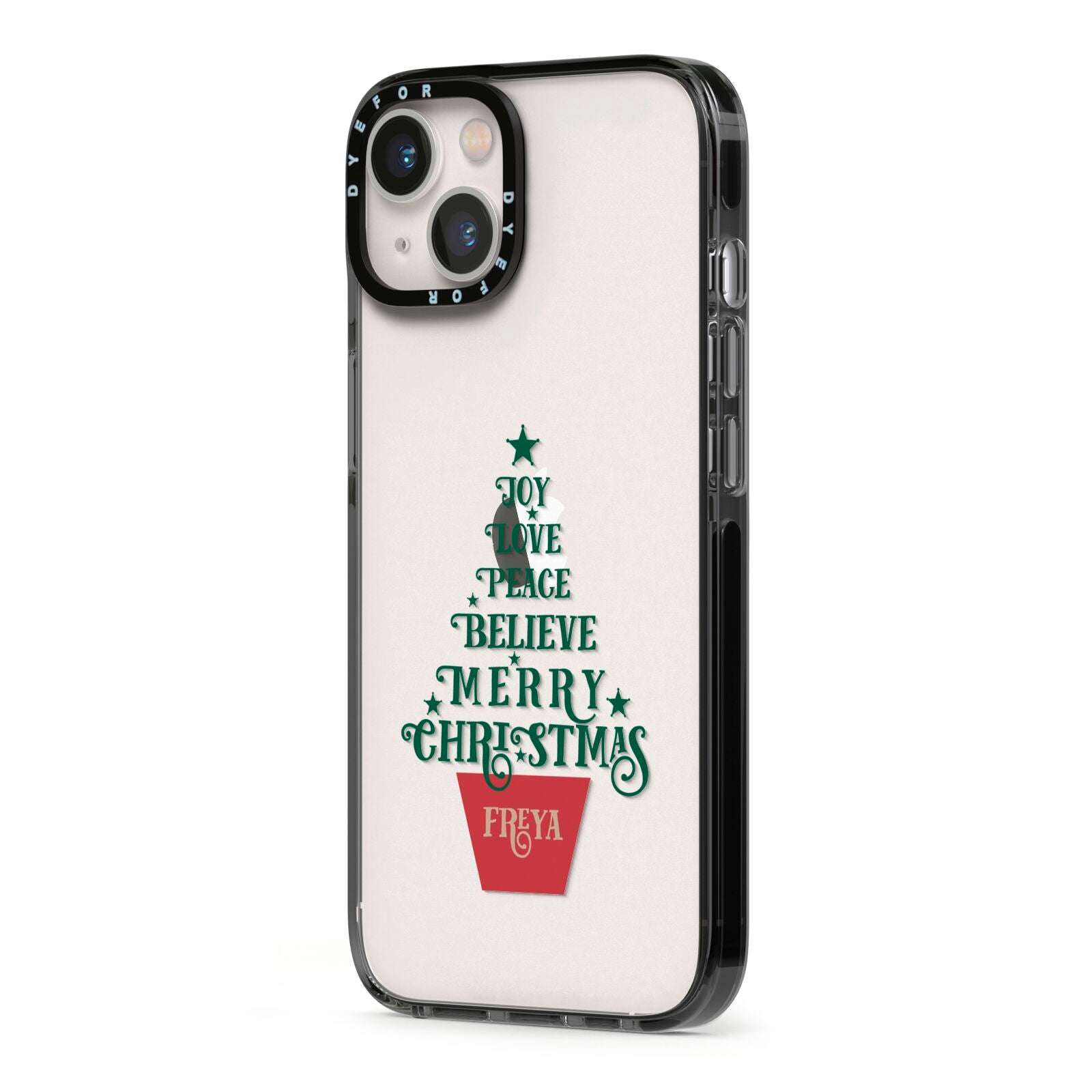 Personalised Text Christmas Tree iPhone 13 Black Impact Case Side Angle on Silver phone