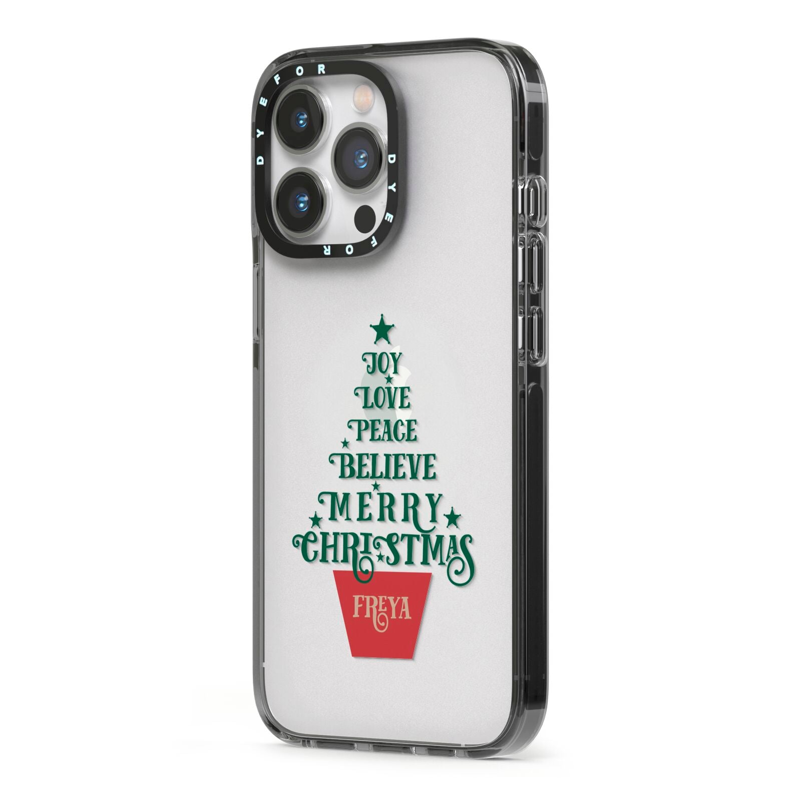 Personalised Text Christmas Tree iPhone 13 Pro Black Impact Case Side Angle on Silver phone