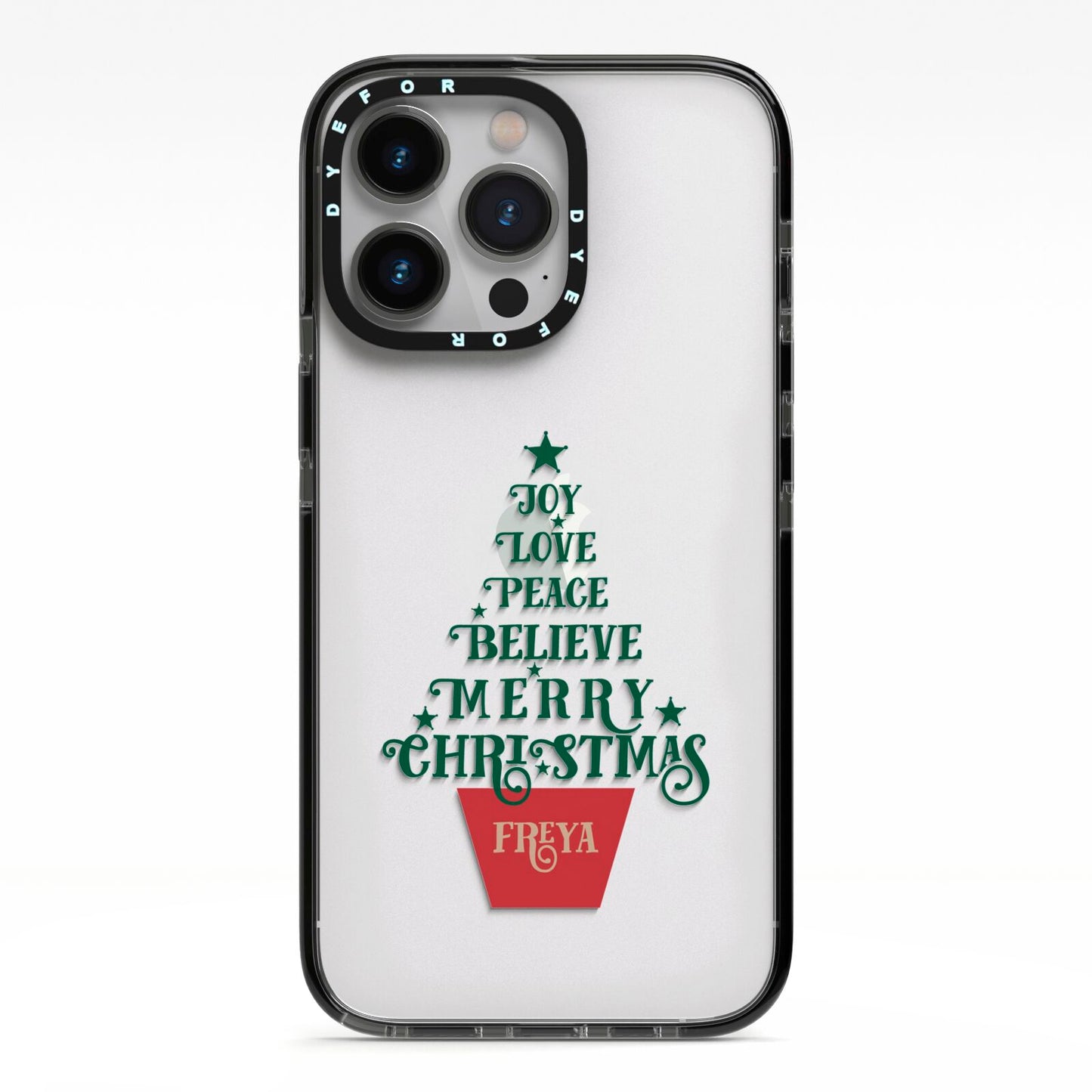 Personalised Text Christmas Tree iPhone 13 Pro Black Impact Case on Silver phone