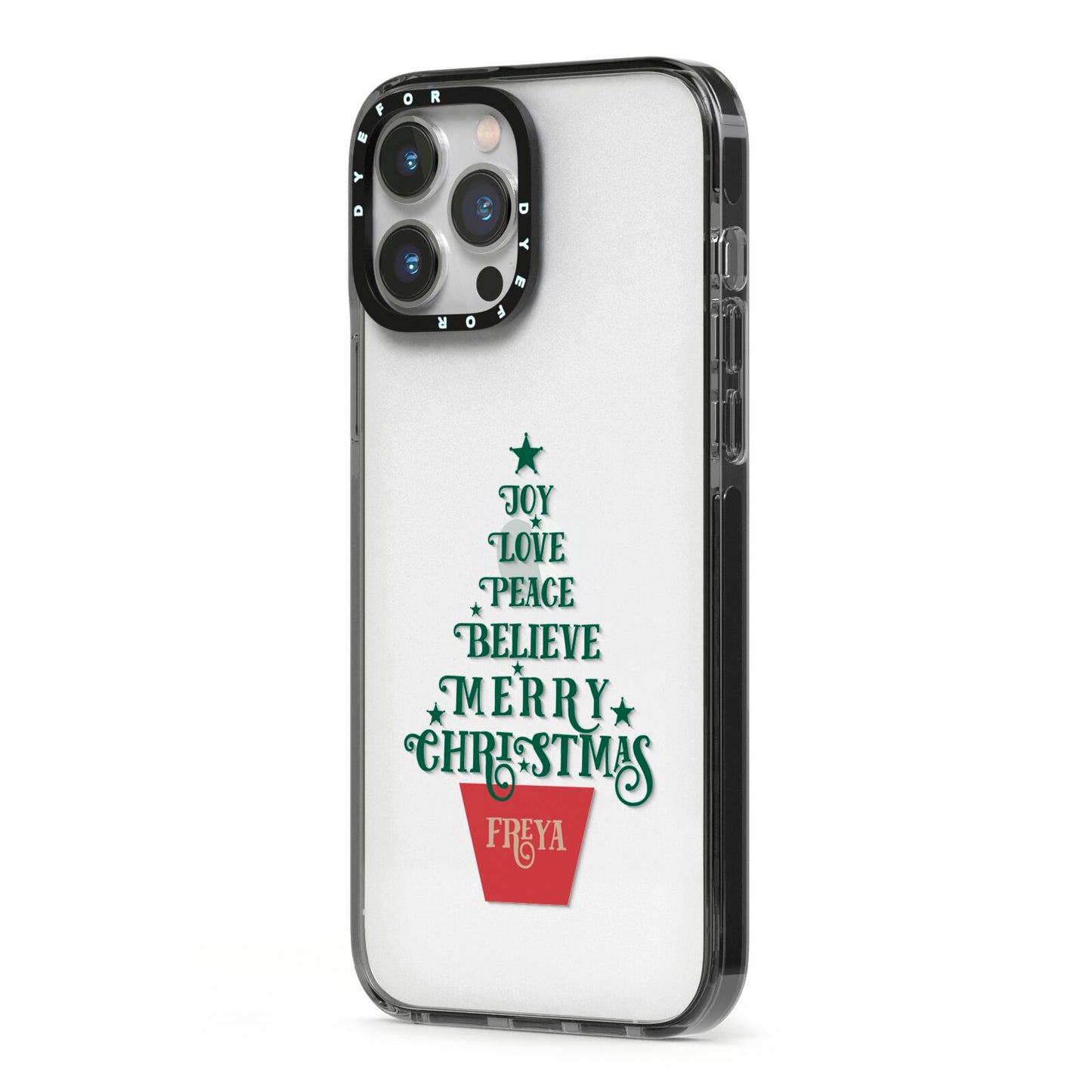 Personalised Text Christmas Tree iPhone 13 Pro Max Black Impact Case Side Angle on Silver phone