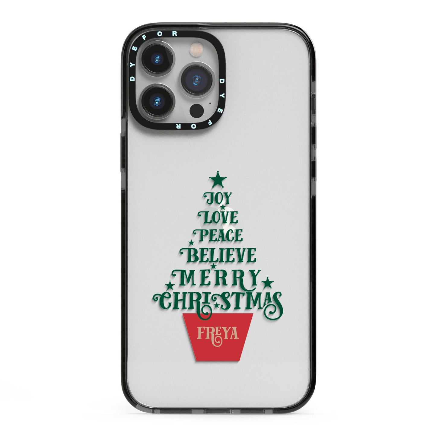 Personalised Text Christmas Tree iPhone 13 Pro Max Black Impact Case on Silver phone