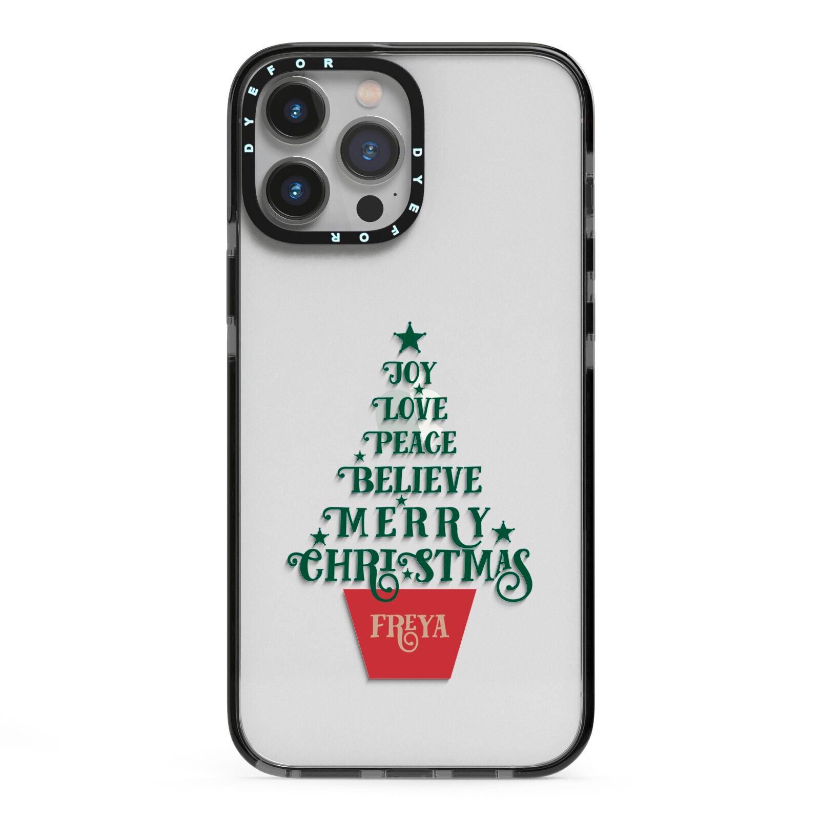 Personalised Text Christmas Tree iPhone 13 Pro Max Black Impact Case on Silver phone