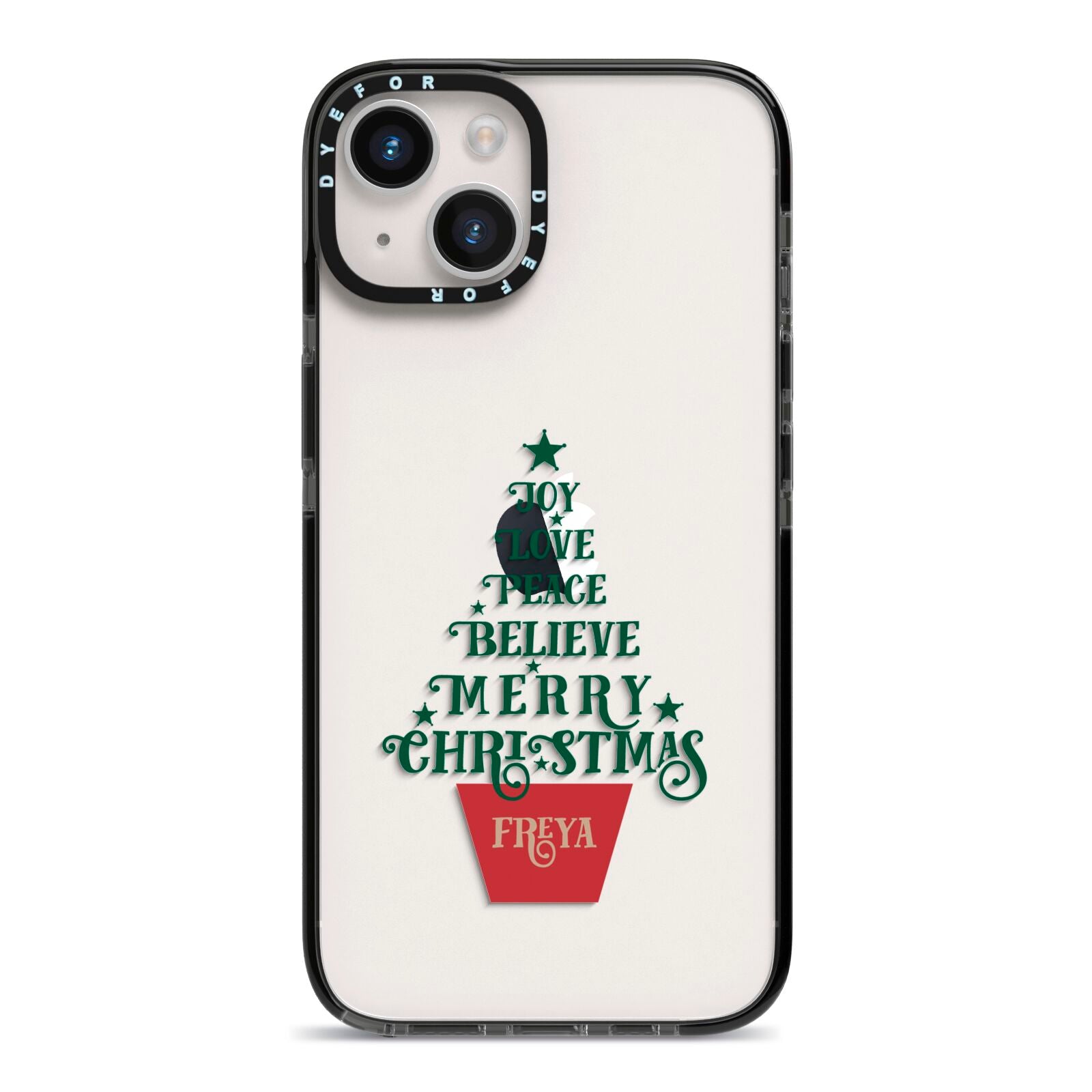 Personalised Text Christmas Tree iPhone 14 Black Impact Case on Silver phone